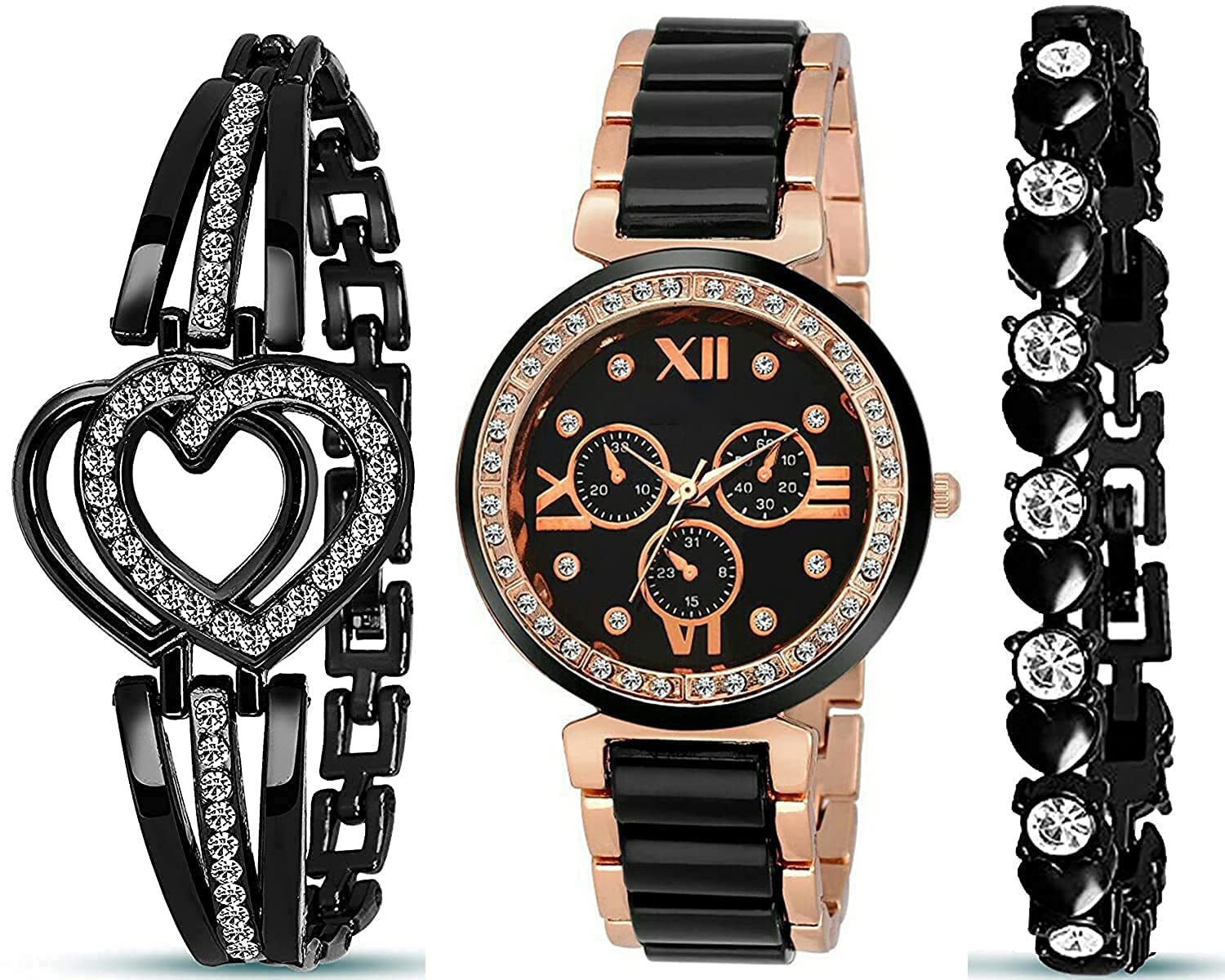 CORXIL Branded Analogue Diamond Studded Black and White Dial Magnet Watch with Gift Bracelet for Girl or Women (Combo of 3) (Black) (B0B9KWZP9S) Amazon Price History, Amazon Price Tracker