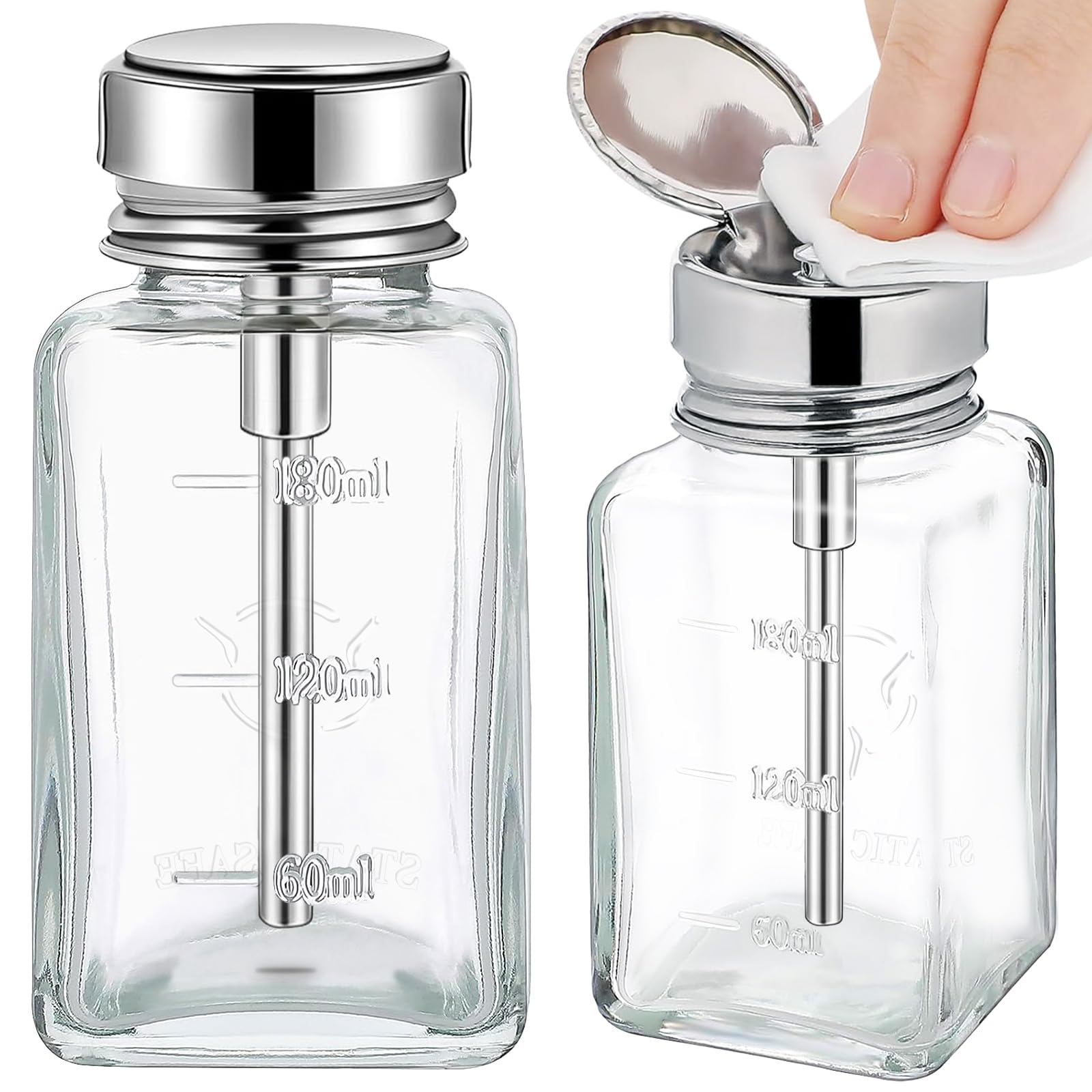 Noverlife 2PCS 6Oz / 180ml Clear Pump Dispenser Bottle, Square Glass Push Down Liquid Dispensers, Nail Polish Remover Hand Pumping Press Container with Flip Top Cap Refillable Push Down Pump Dispenser