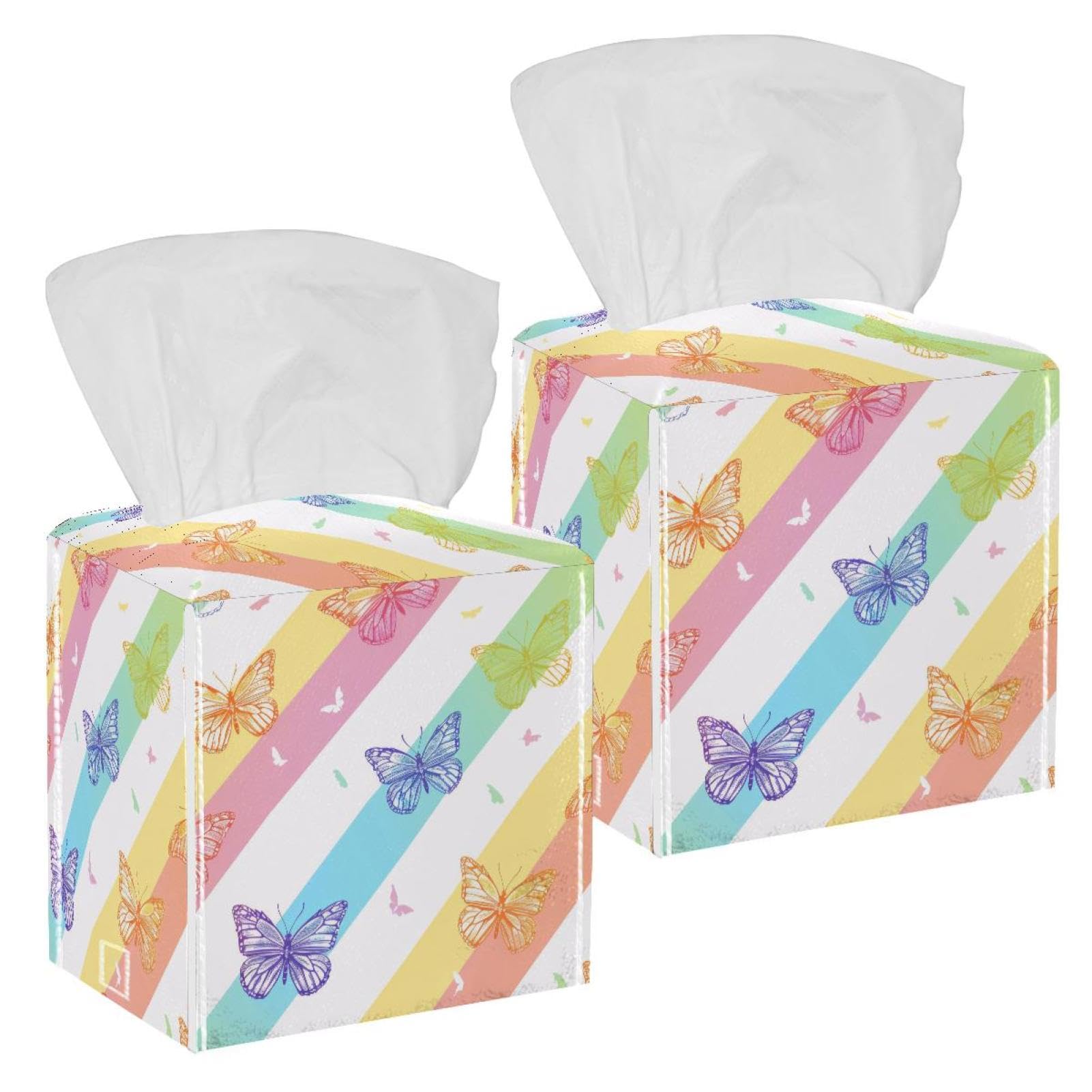 Butterflies Rainbow Tissue Box Cover, 2 Pack PU Leather Square Facial Tissue Dispenser Box holder for Home Office Car