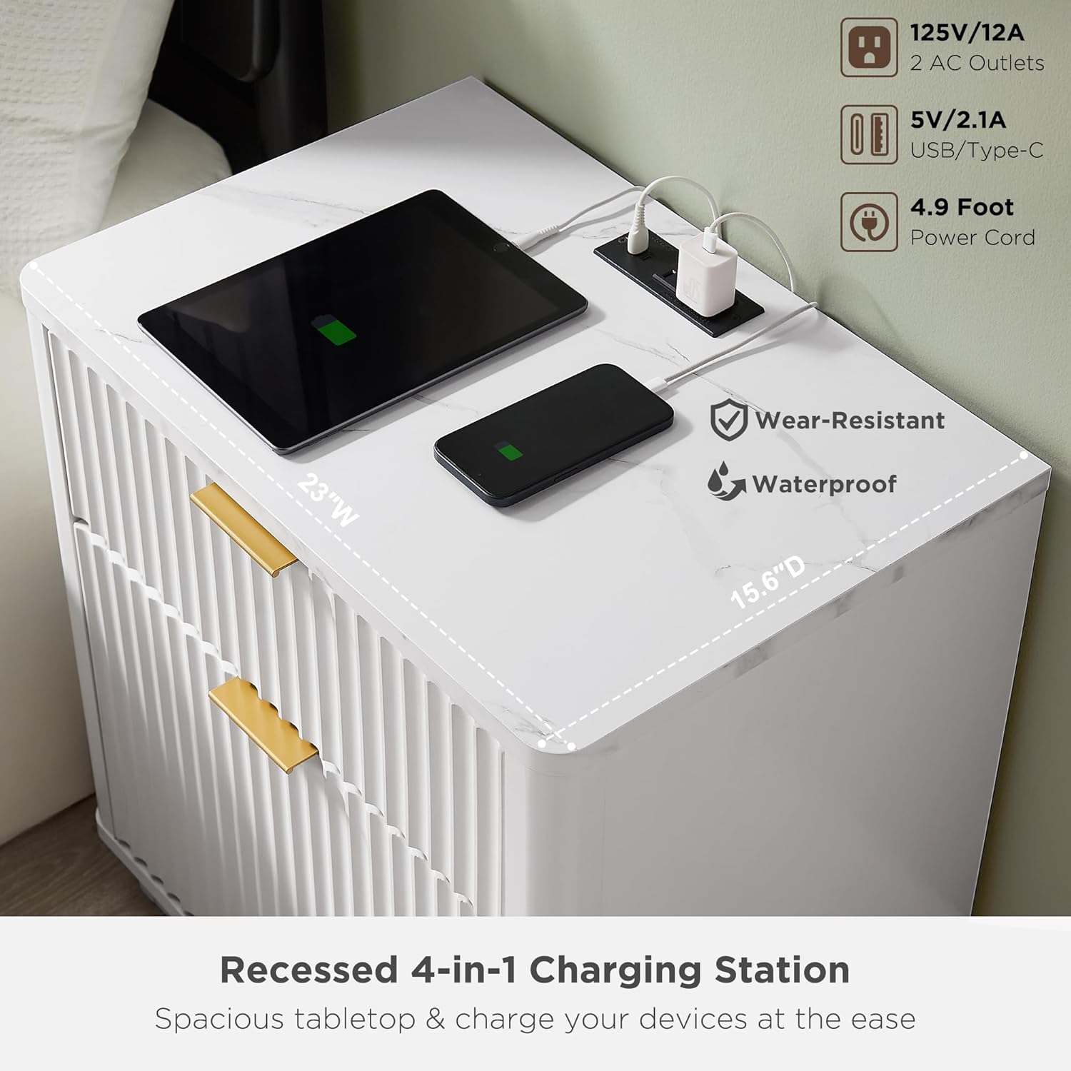 Close-up of the recessed charging station with devices plugged in