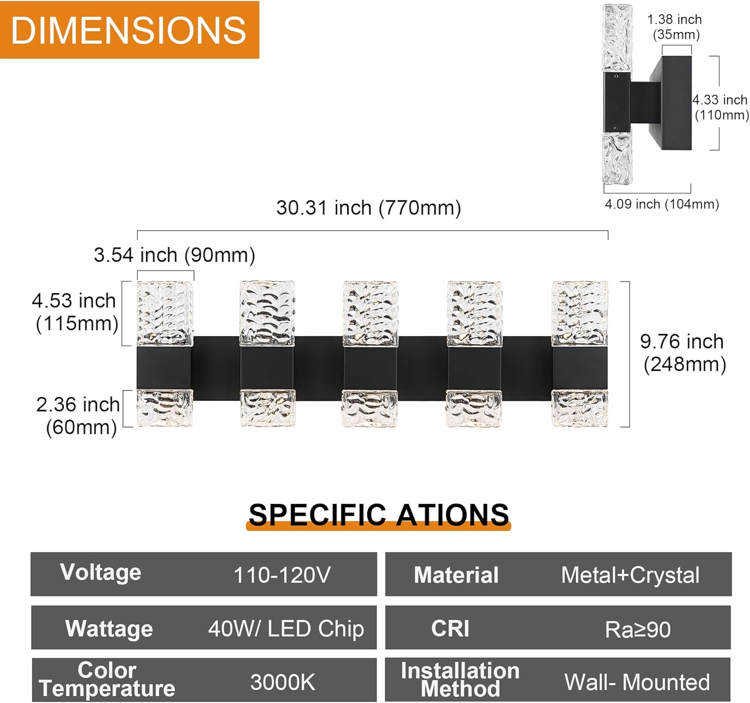 VINLUZ LED 40W Matte Black Bathroom Lighting Fixtures, 5-Light Modern Classic Wall Sconce Vanity Lights Fixture with Crystal Lampshade for Bedroom Over Mirror