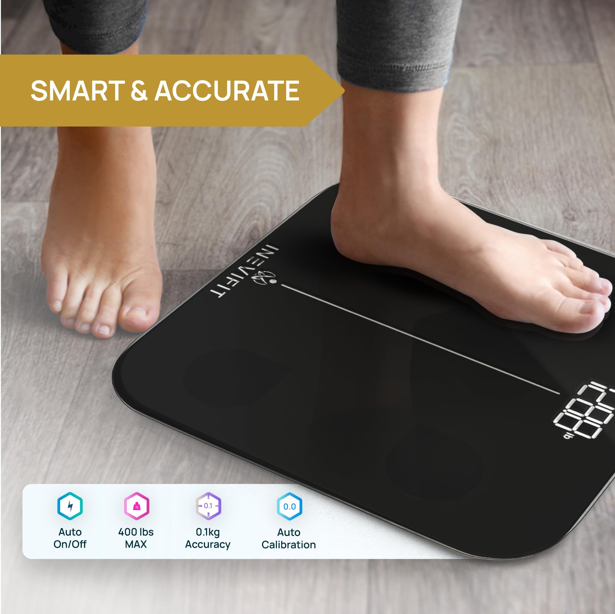 INEVIFIT Báscula de Baño Premium Inteligente, Báscula de Baño Digital Bluetooth de Alta Precisión, Mide con Precisión El Peso Y El Bmi, Negro-Ss