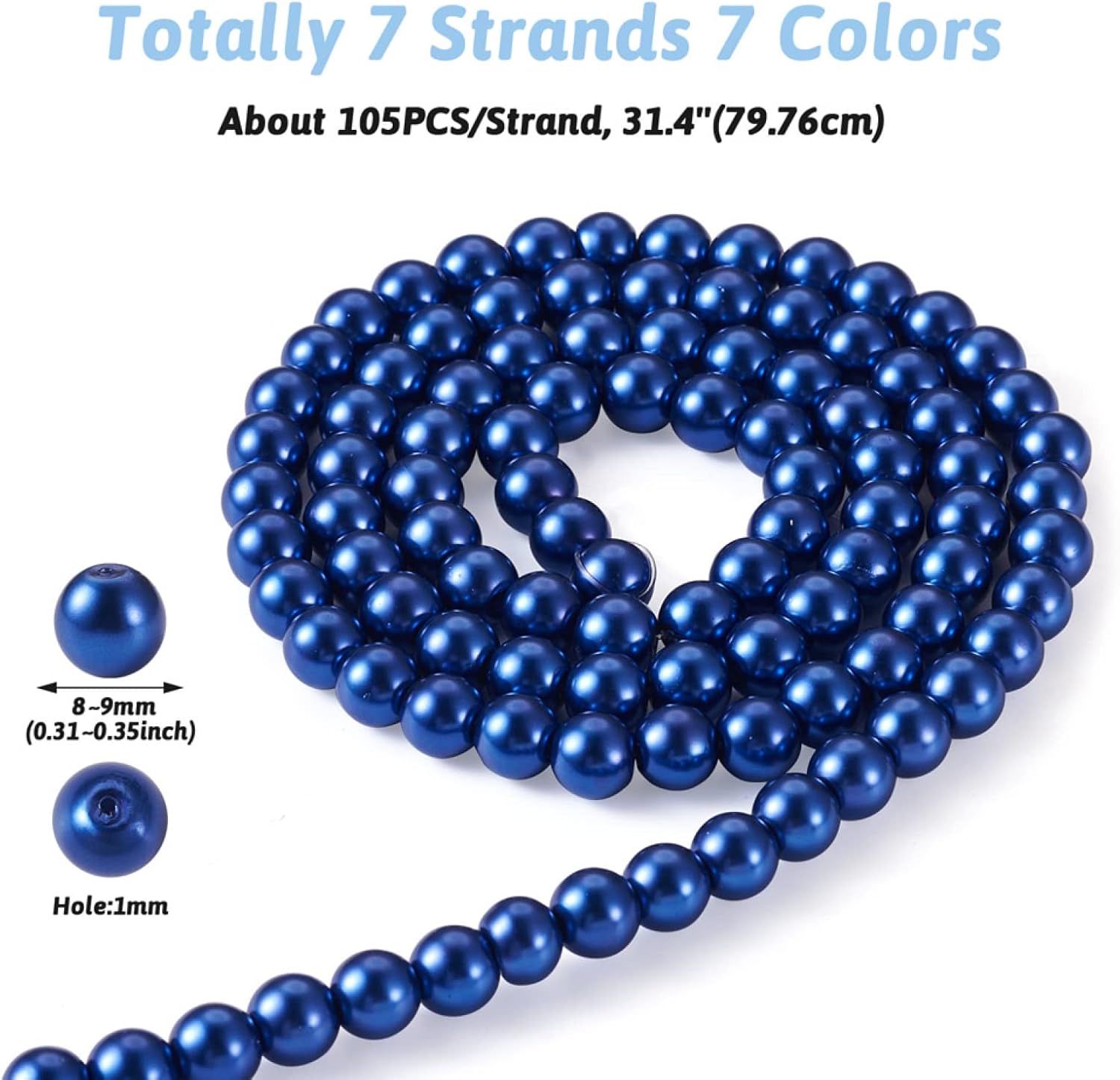 Cheriswelry 7 Strands 8mm 9mm Glass Pearl Round Beads Colorful Painted Pearlized Loose Spacer Beads 7 Colors for Necklace Bracelet Earring Accessories Jewelry Making