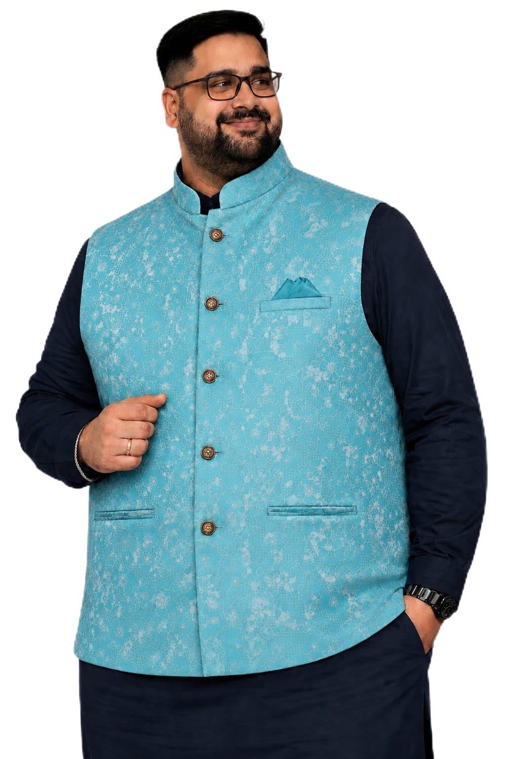 ifox lifestyle Men's Plus/Big/Tall Size Nehru/Modi Jacket, Sky Blue Jacquard Floral Printed Silk Blend Jawahar coat/Waistcoat for Wedding and Party-picture-17