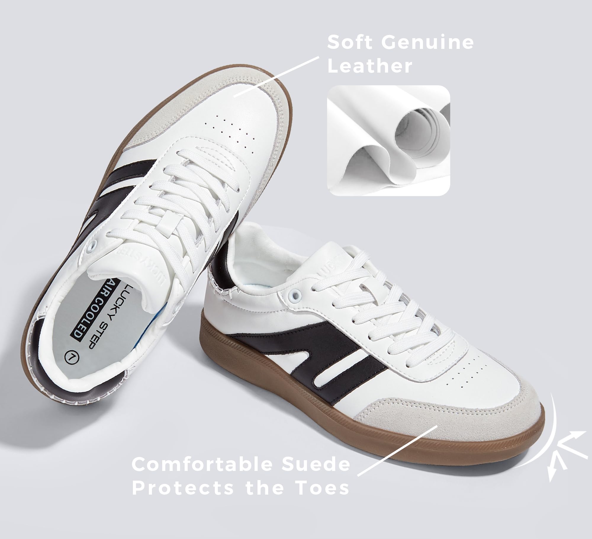 LUCKY STEP Women Classic Retro Gum Sole Fashion Sneakers Casual Tennis Skate Shoe Genuine Leather Walking Footwear Anti Slip Trainers(White/Black,9)