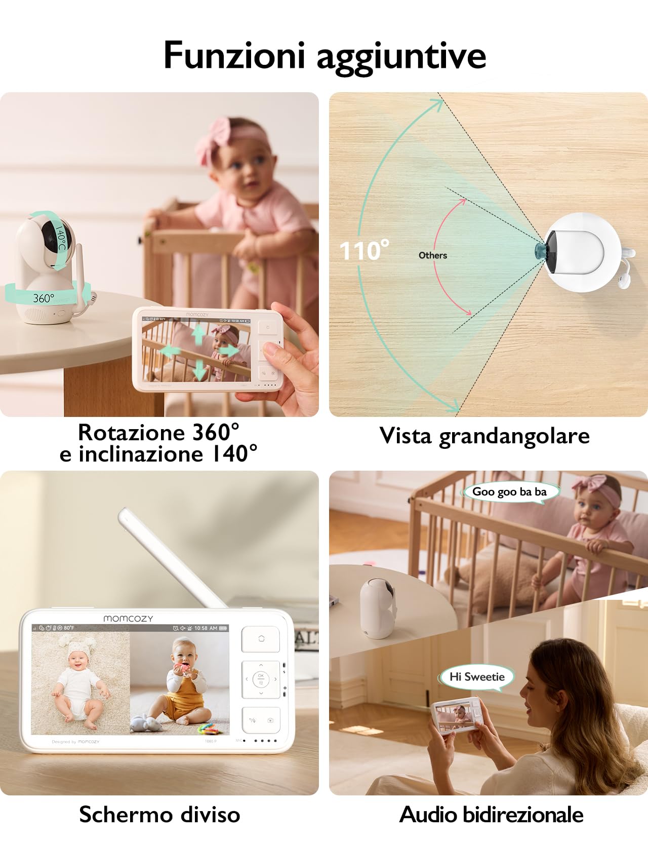Momcozy BM03 Baby Monitor Video 5.5" Full HD 1080P Senza WiFi, Visione Notturna, Batteria 5800mAh