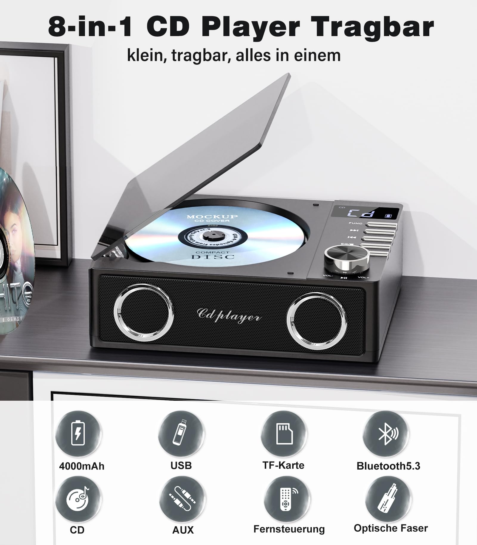 Greadio CD Player Tragbar mit Bluetooth 5.3, 4000mAh Wiederaufladbarer CD-Player mit Fernbedienung, HiFi-Sound-Lautsprecher, unterstützt USB, TF, AUX, LED-Display für Zuhause/Auto/Geschenk