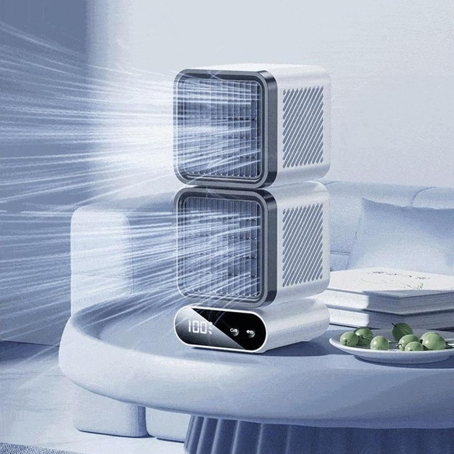 Double-Layer Shaking Ice Desktop Fan,Portable Dual Heads 360° Rotating Rechargeable Table Fan, 4000mAh Battery USB Fans, 120° Auto Oscillating,Intelligent Digital Display for Bedroom,Office (1pcs)