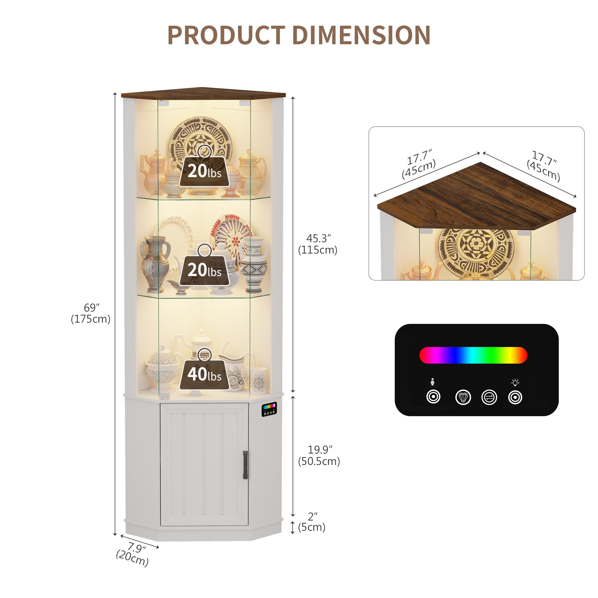 Lvifur Eckvitrine mit LED Beleuchtung und Schubladen für Sammlerstücke,Wein,3-Lagen Glasvitrine Vitrine Vitrinenschrank mit Intelligente Sensorik für Wohnzimmer,Schlafzimmer