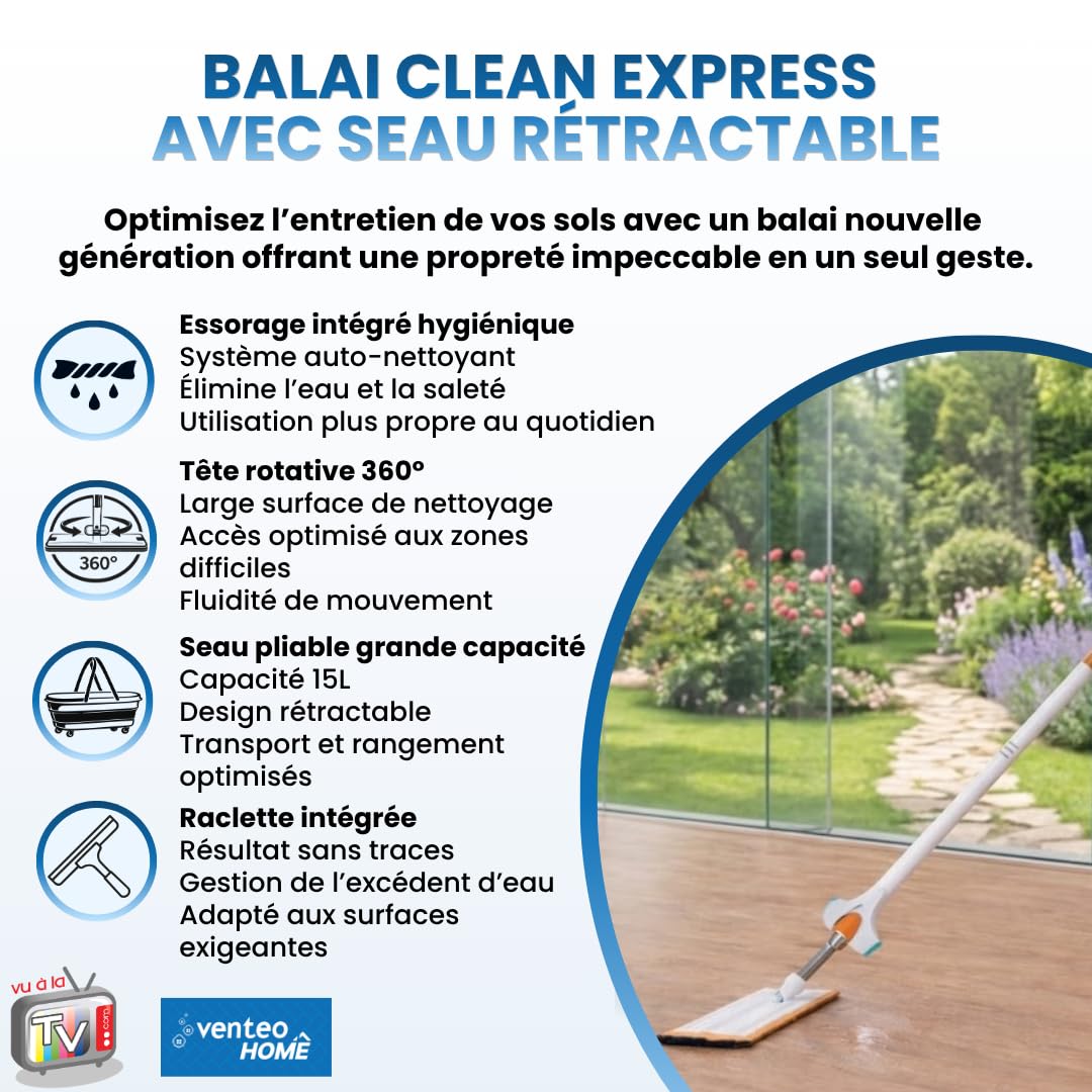 VENTEO – Escoba de fregona con cubo retráctil | Sistema de estorbar integrado con cabezal giratorio raspador de suelo | Limpieza de suelos superficies duras paredes baldosas | Fregona versátil
