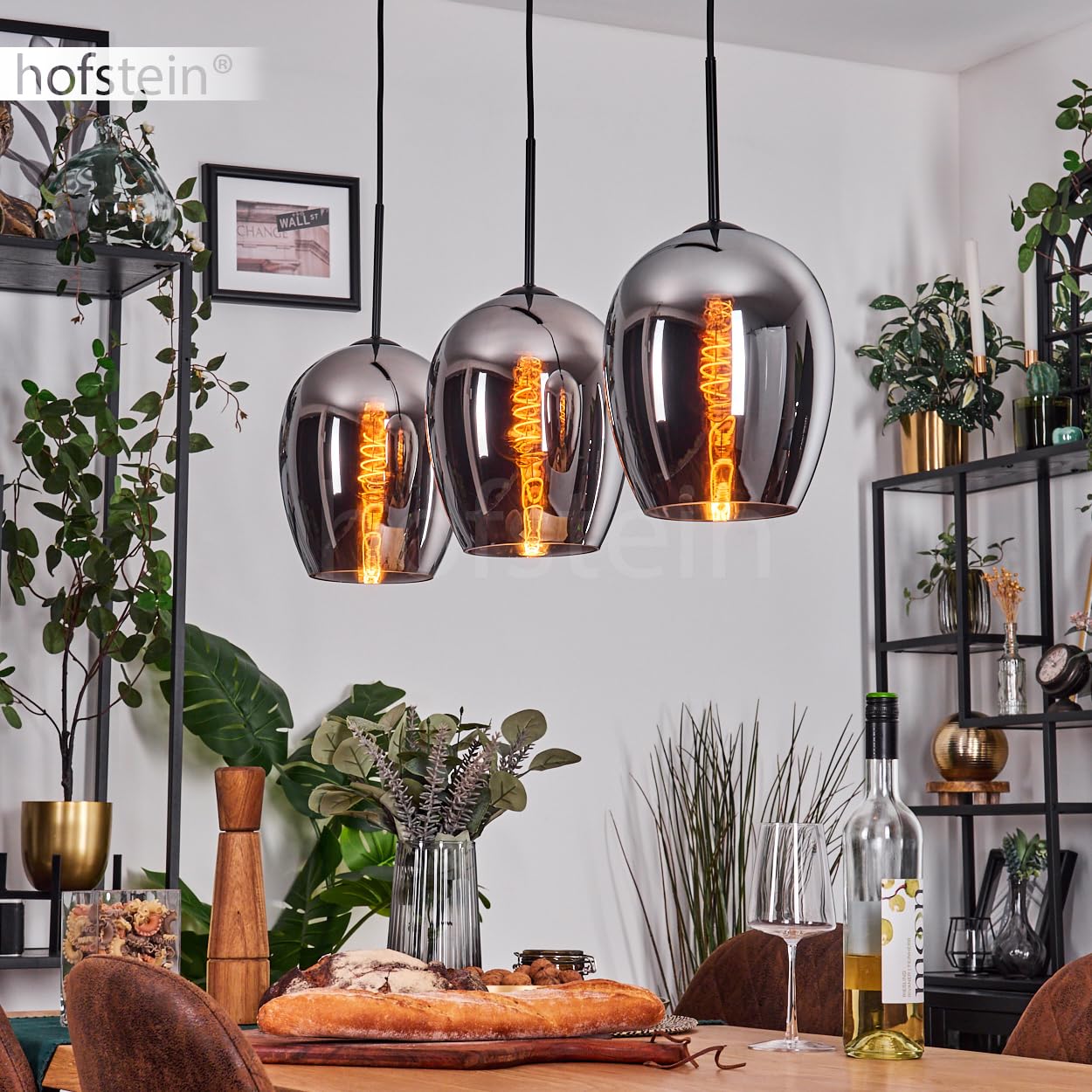 Pendelleuchte Vevino, Pendellampe aus Metall/Glas in Schwarz/Chromfarben, Leuchte im modernen Retro/Vintage-Design mit Schirmen aus Glas (Ø 20 cm), Höhe max. 132 cm, 3 x E27, ohne Leuchtmittel