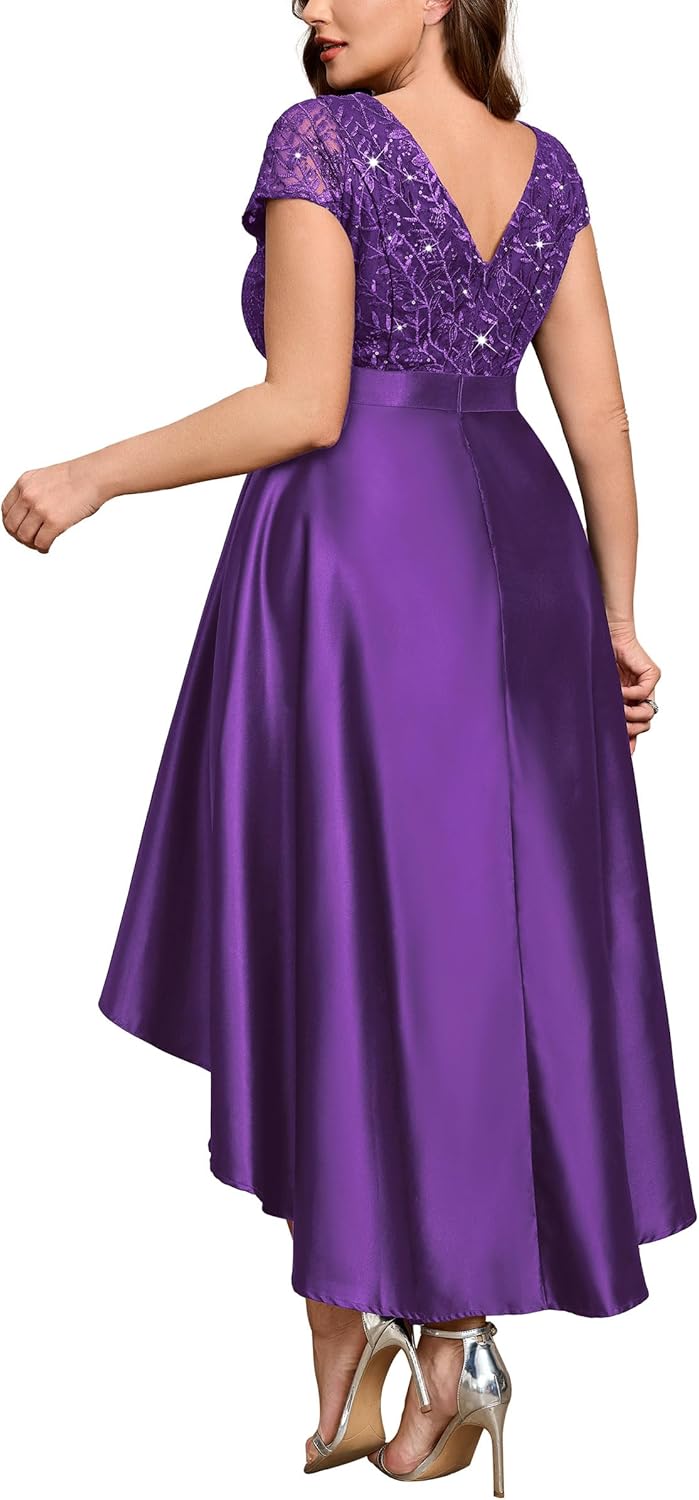 MISSMAY Women's Plus Size Lace Sequin Contrast Satin High Low A-Line Hem Prom Party Formal Dress - Image 2