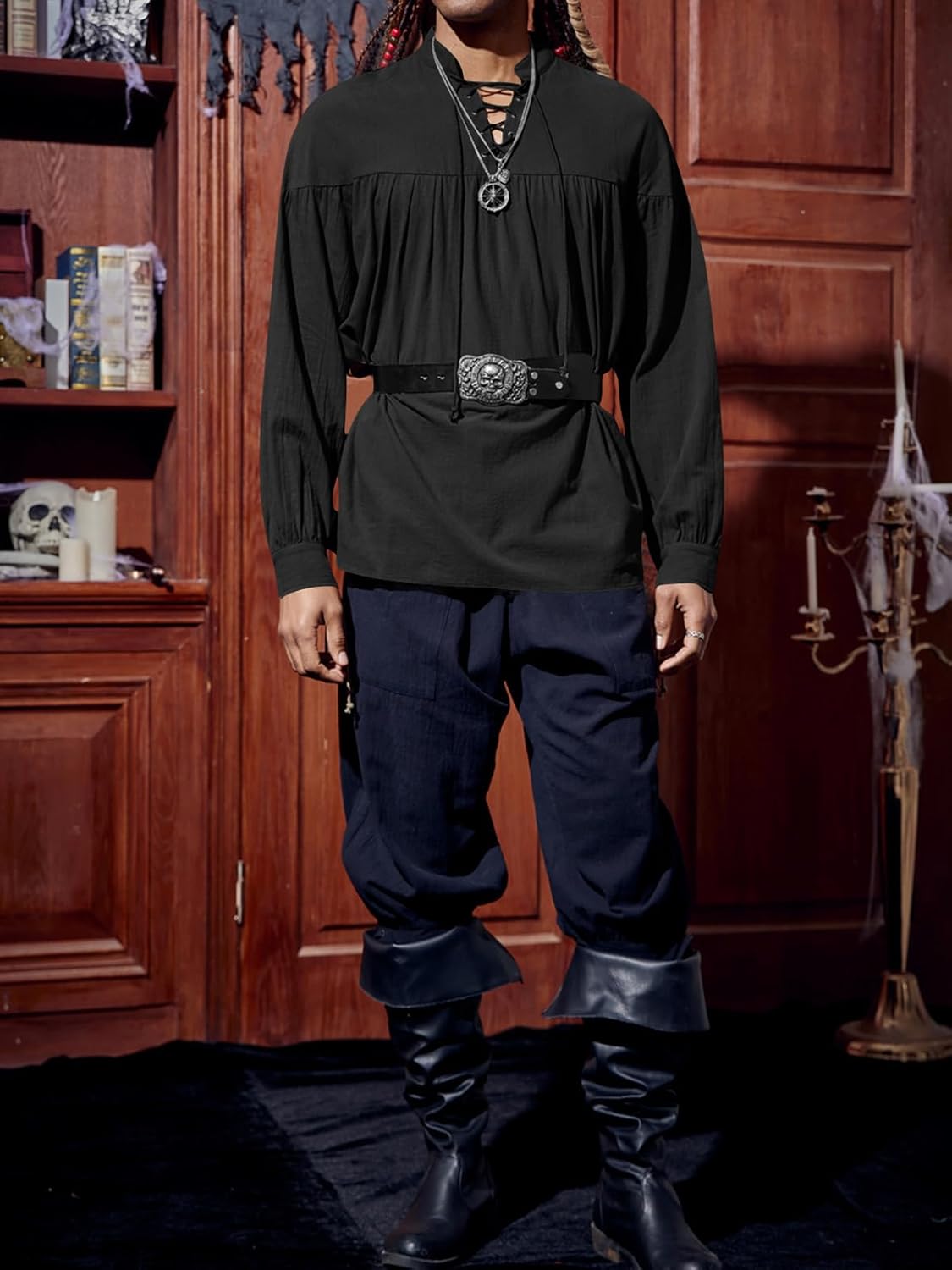 Runcati Mens Medieval Pirate Shirt Steampunk Viking Renaissance Long Sleeve Lace Up Scottish Halloween Costume Tops - Image 4