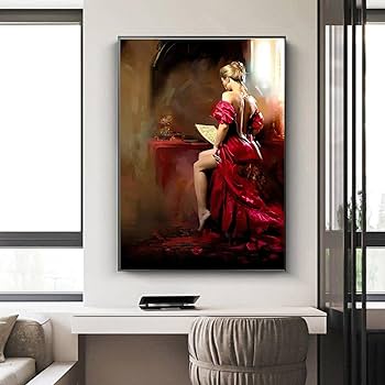 Amazon.co.jp: 美しい赤いドレスの女性の背面図キャンバス絵画モダンな