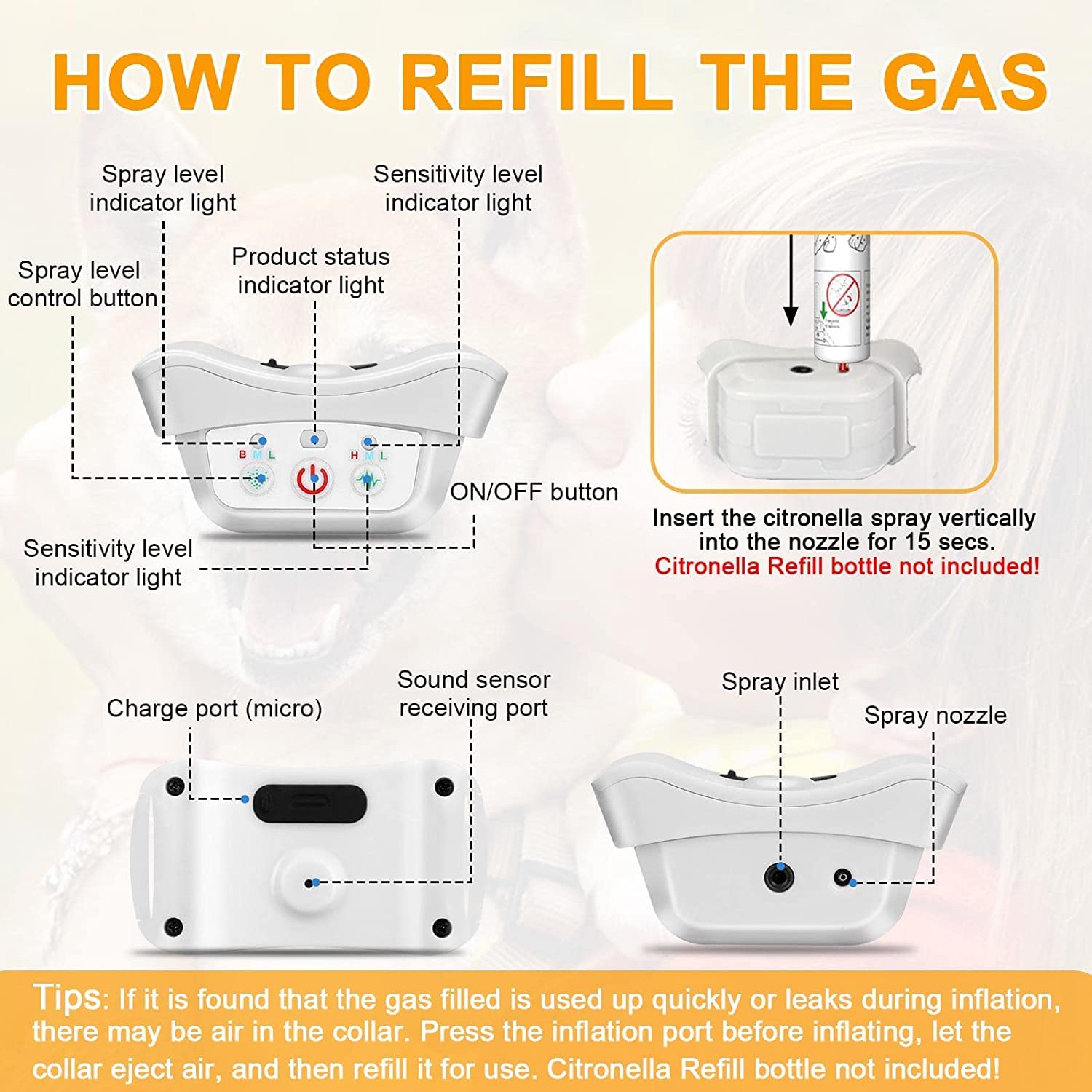 Citronella Bark Collar Waterproof IPX67, Spray Bark Collar with 3 Adjustable Spray & Sensitivity Level, Rechargeable Citronella Dog Collar, Humane Anti Barking Collar for Dogs