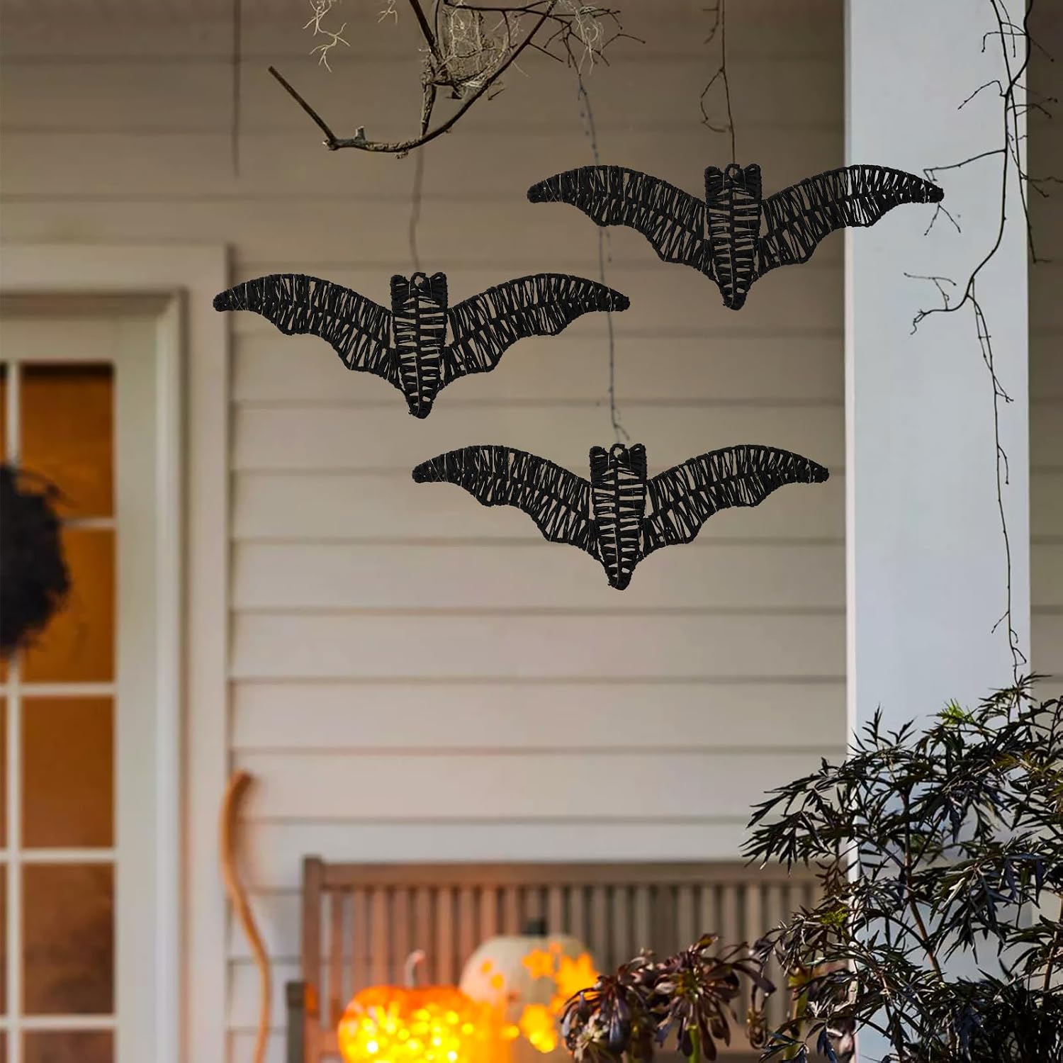 3 Pack Halloween Decorations Indoor Wall Decor with Lights & Batteries Included, Black Rattan Pre-Lit Spooky Bats Room Decor, 3D Hanging Signs for Covered Porch Home Haunted House Party