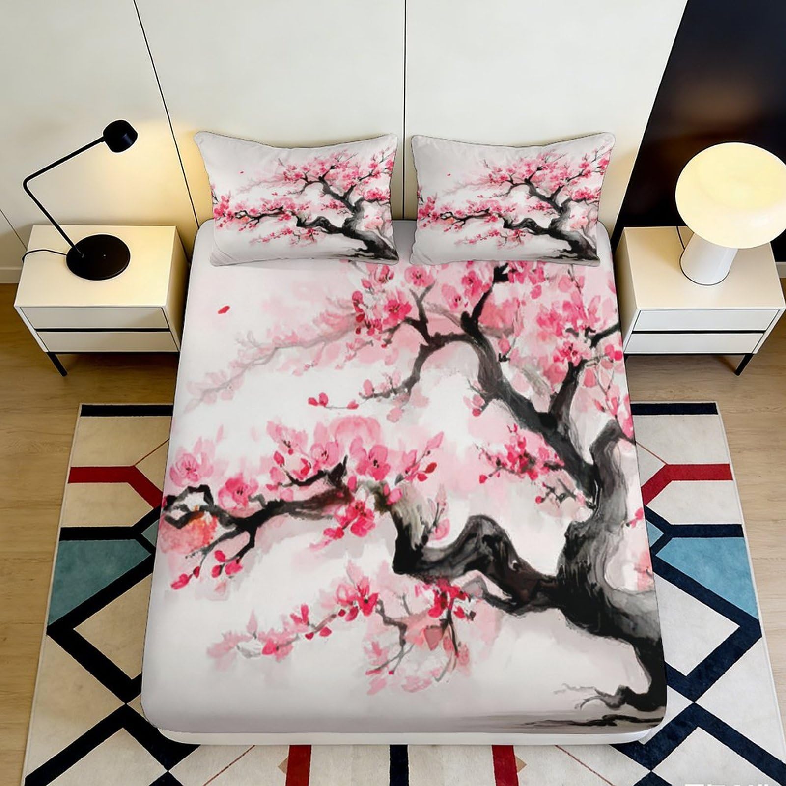 Pnayamiorkfel Style-3 3D Printed Sakura Blossom Fitted Sheet Microfiber Soft Pink Plum Branch Mattress Cover For Bedroom Guest Room Decor 90X200x25cm