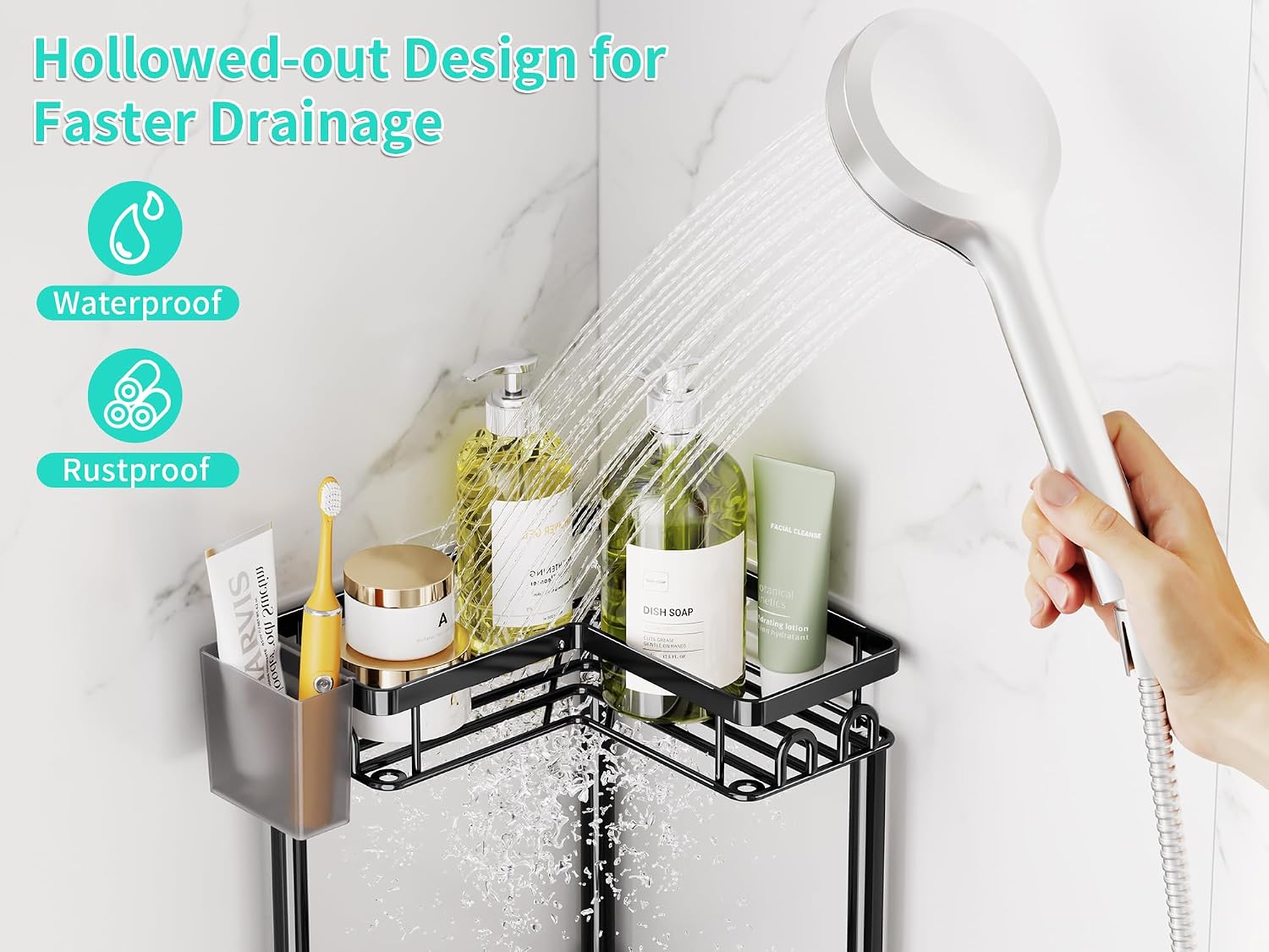 HapiRm Standing Shower Caddy Corner - 3 Tier Corner Shower Organizer with Toothbrush Holder and 12 Hooks, Large Capacity Rustproof Bathroom Shelves for Tall Bottles, Black