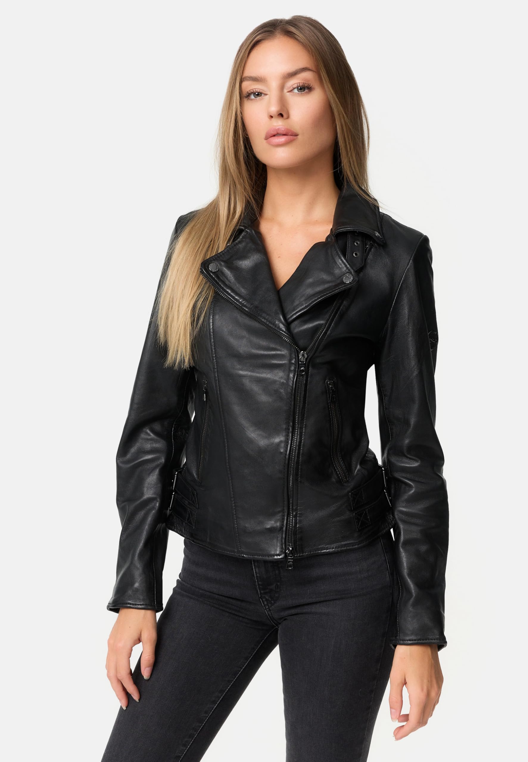 Alva Lederjacke Damen - Bikerjacke - Damen Lederjacke – Übergangsjacke - Schwarz Braun Echtleder Tailliert mit Reverskragen