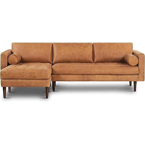 POLY & BARK Napa 104.5" Right-Facing Sectional Sofa – Cognac Tan Full-Grain Pure-Aniline Italian Leather, Feather-Down Cushions, Solid Wood Frame