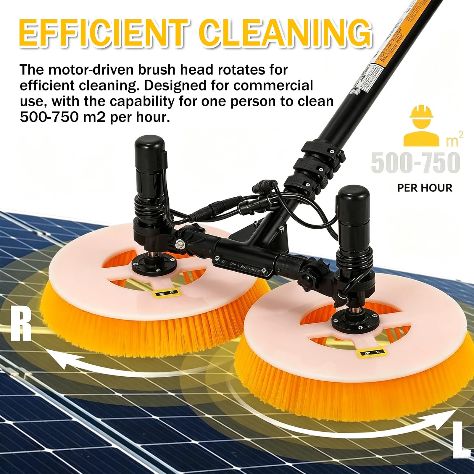 Cepillo eléctrico de Doble Cabezal para Limpieza de Paneles solares con cepillos giratorios de 70 cm de Ancho y diseño de Alta Velocidad con rotación contraria. 2M(6.5ft)-Mainspower