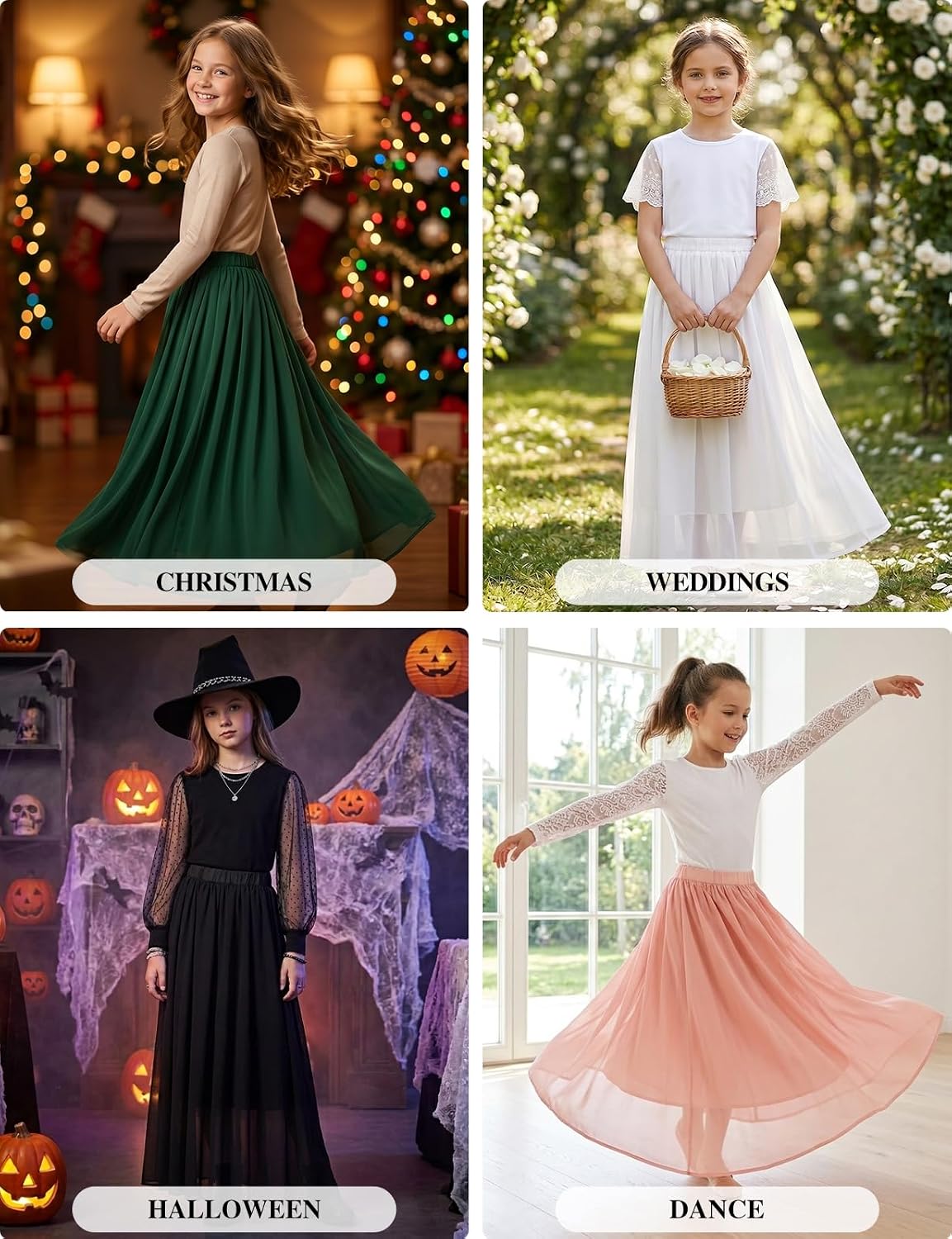 Noomlfish Kids Chiffon Pleated Long Skirts Boho Maxi Party Flower Girl Dress (5-12 Years)