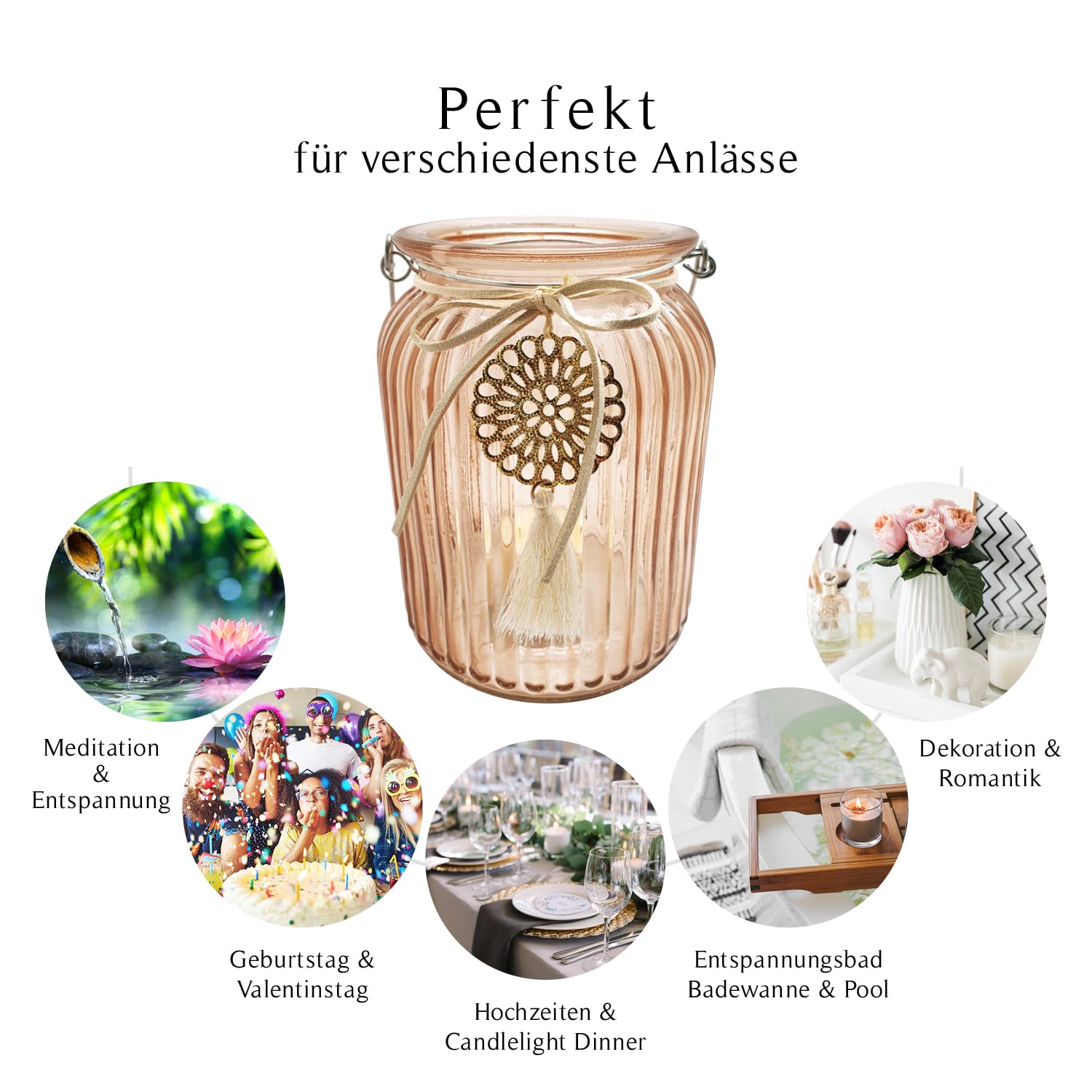 pajoma® Kerzenhalter 12er-Set aus Glas - mit Henkel und Anhänger, Mandala | H 14.5 x Ø 11 cm, Pantone 7590C Tischdekoration für Hochzeit, Deko