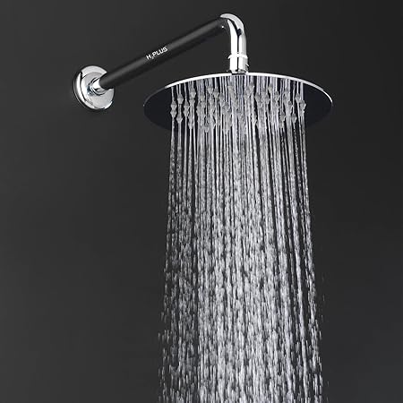 H2plus Mirror Stainless Steel 304 Round Ultra Slim High Pressure Rainfall Shower Head for Bathroom With J Bend Arm & Round Overhead Shower. (8X8+24 INCH J BEND)