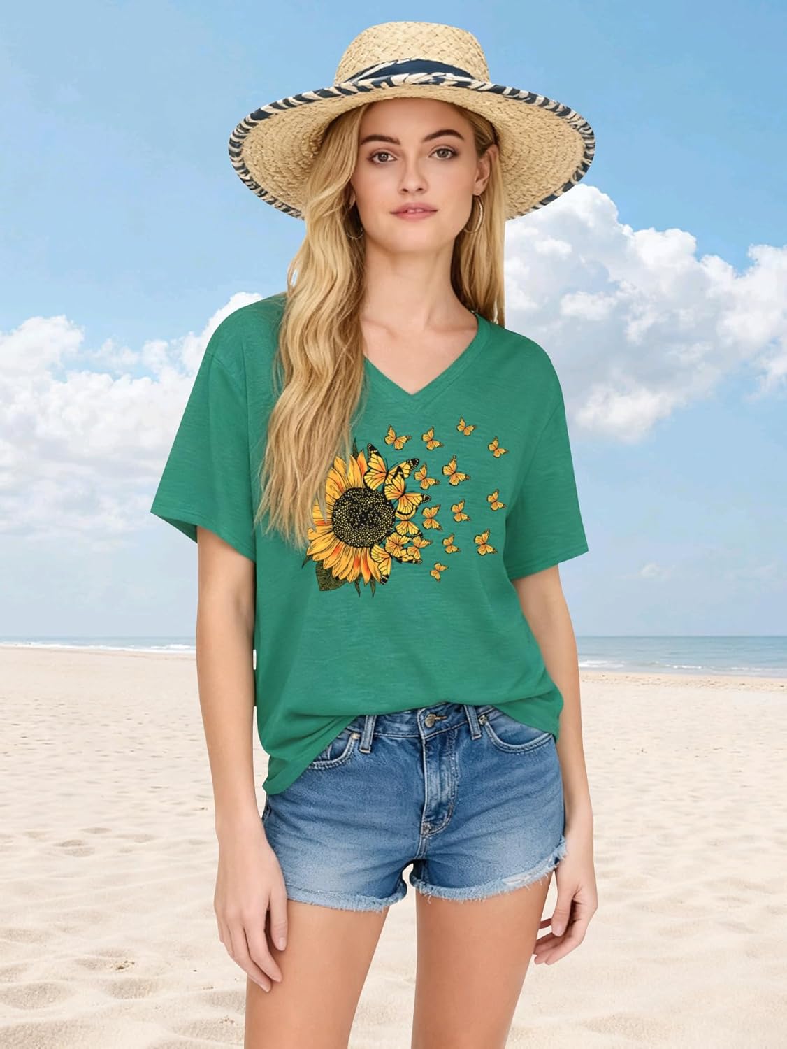 Womens Vintage Flowers V Neck Shirt Boho Floral Wildflowers Graphic Tee Casual Short Sleeve T Shirt - Image 2