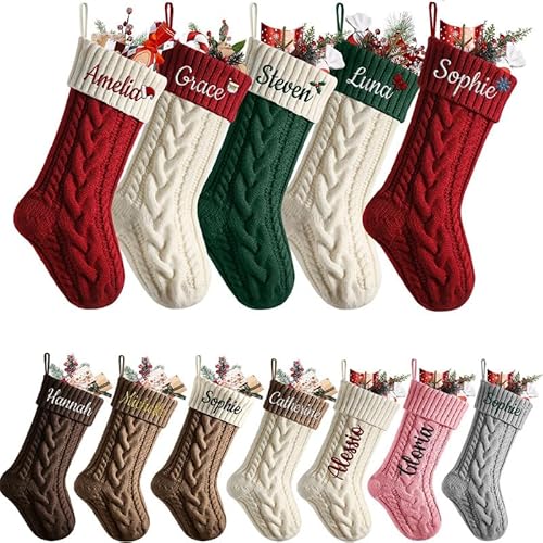 Heflashor Personalized Christmas Stockings, 18” Large Custom Xmas Knit Stocking with Embroidered Name and icon for Kids Family Holiday Christmas Party Fireplace Decoration,Twisted Knit,1