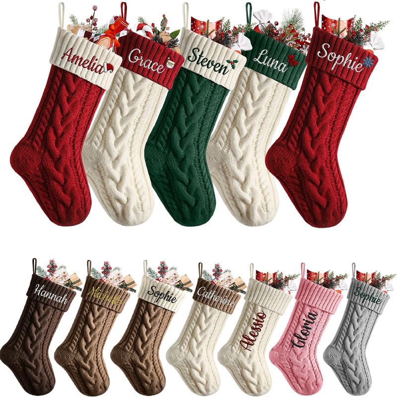 Heflashor Personalized Christmas Stockings, 18” Large Custom Xmas Knit Stocking with Embroidered Name and icon for Kids Family Holiday Christmas Party Fireplace Decoration,Twisted Knit,5