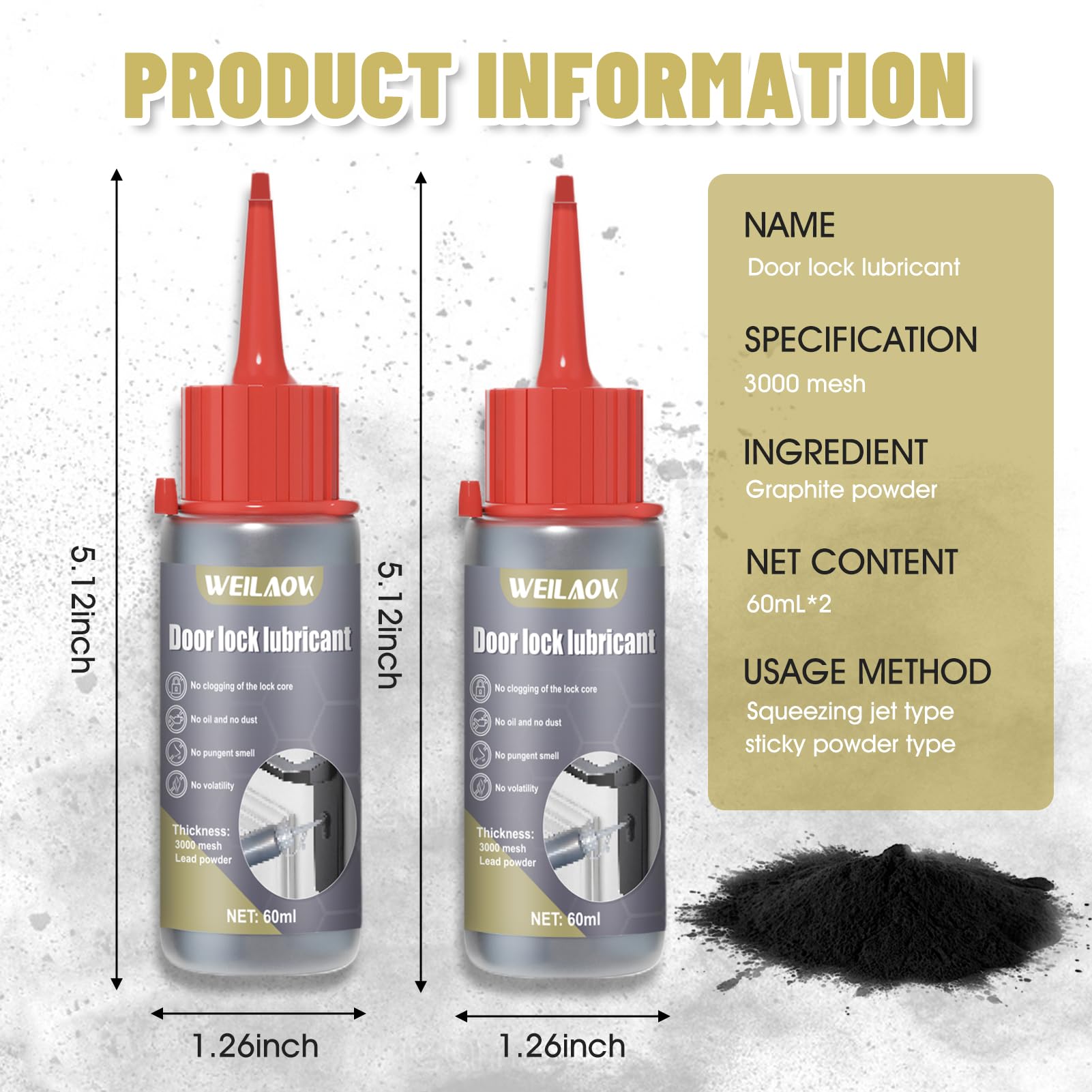 Grafito en Polvo, Grafito Cerraduras, Grasa Grafitada, Polvo de grafito para Lubricar Cerraduras de Puertas, Bisagras de Ventanas, Rieles de Puertas y Ventanas, etc, 60 ML*2 (Embalaje gris)