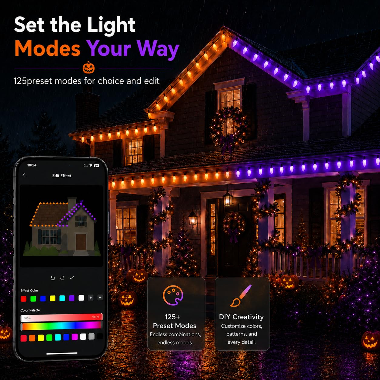 Probro Smart C9 - Luci natalizie a LED per esterni, 25 m, 150 LED, stile vintage, con telecomando, 105+ modalità, impermeabilità IP65, collegabili, sincronizzazione musicale per albero di Natale