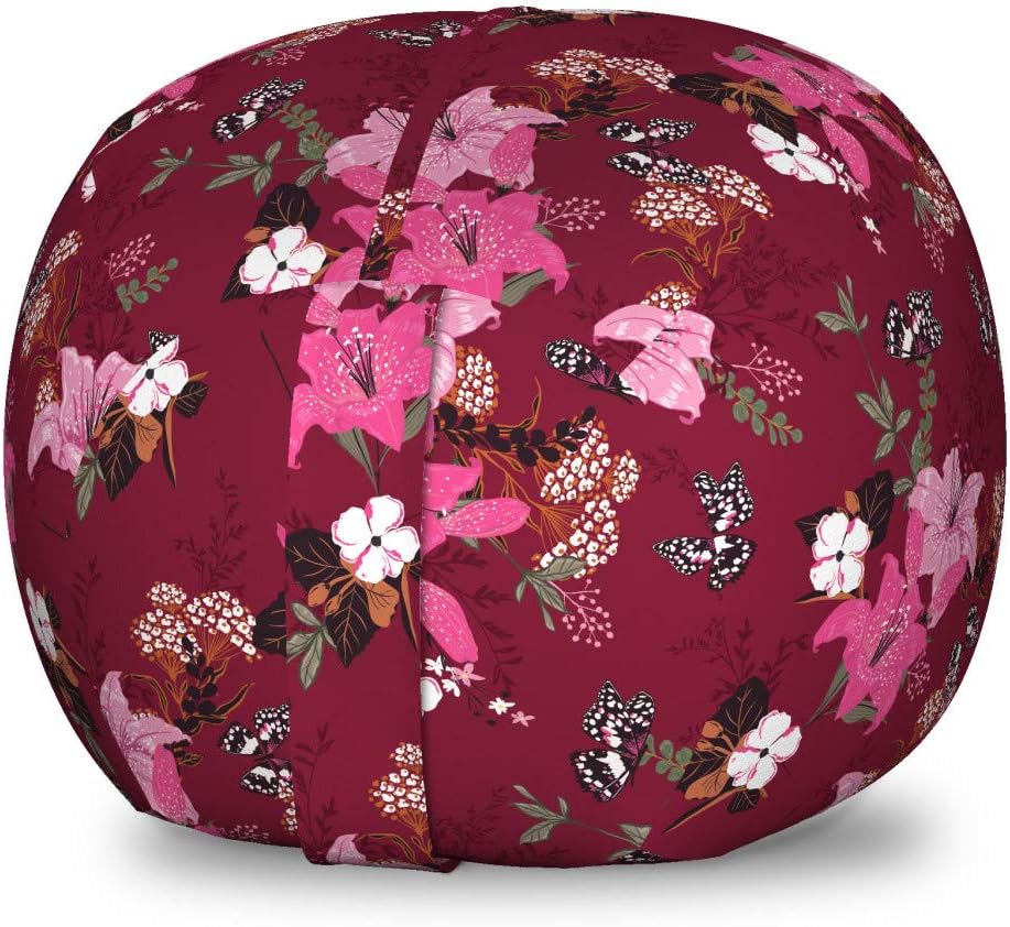 Ambesonne Floral Storage Toy Bag Chair, Romantic Design of Lilies Butterflies and Other Flowers Vintage Garden Art, Stuffed Animal Organizer Washable Bag, Small Size, Maroon Multicolor
