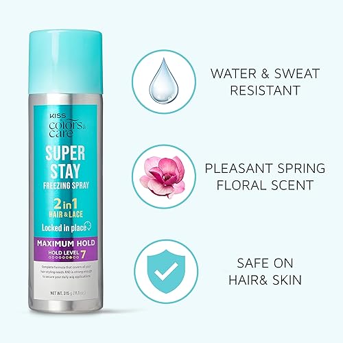 Miniatura 3 de KISS COLORS & CARE Spray de congelación Super Stay 2 en 1 Maximum Hold, 11.1 onzas, peinado diario, seguro para la piel y el cabello, fácil de