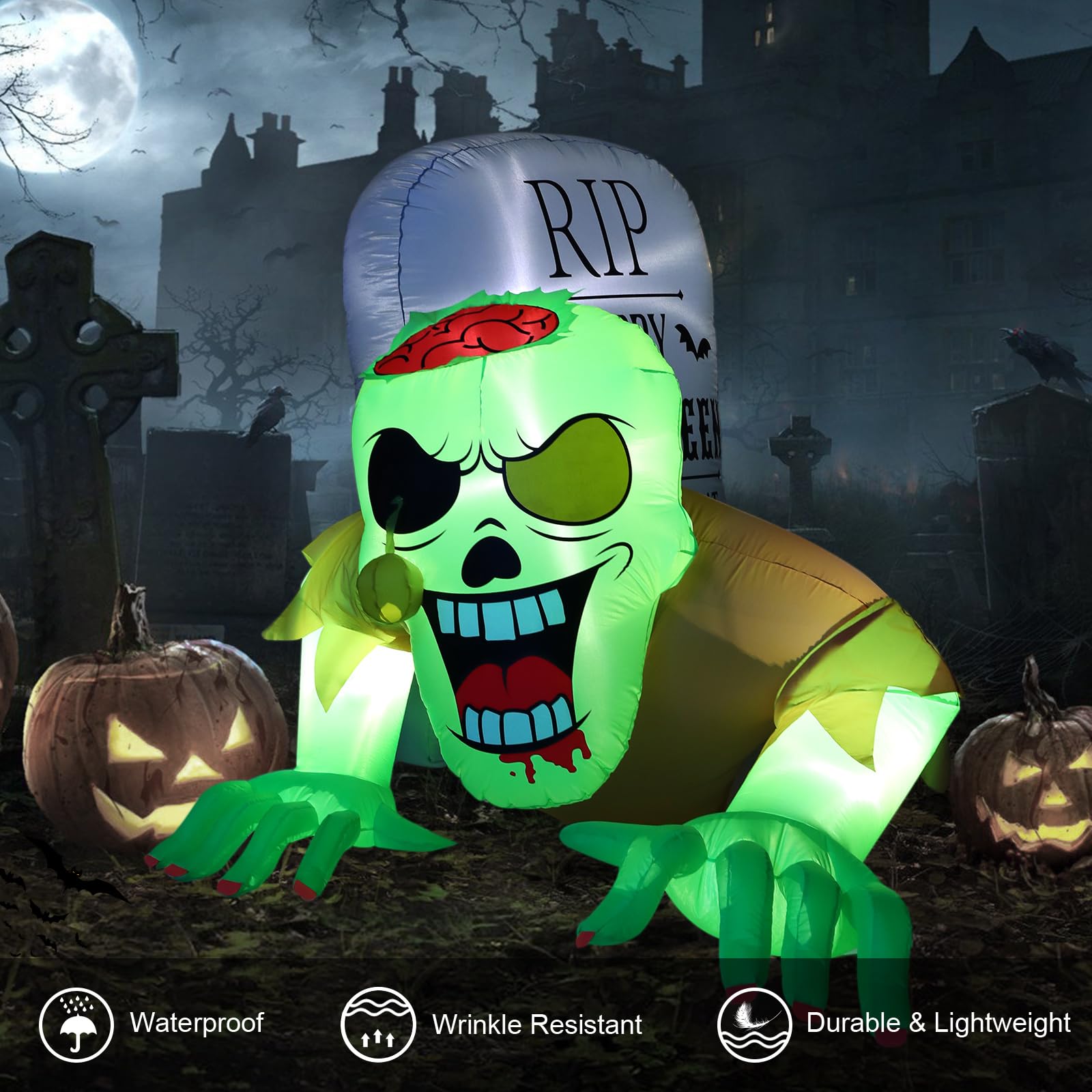 BLOOMWIN Gonfiabili Decorazioni Halloween Esterno - 2,6 x 1,5m Zombie & Lapidi Halloween Decorazioni Horror con Luci LED 12V per Addobbi Natalizi, Albero di Natale, Giardino Autunnali, Casa Interni