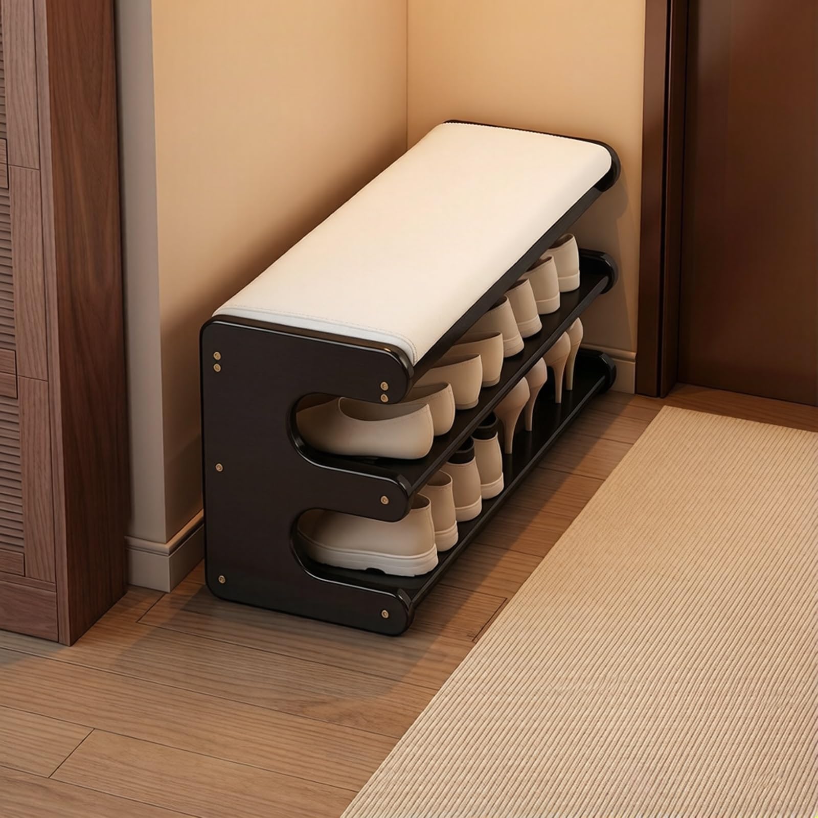 Banco Zapatero Bambú de 3 Niveles con Asiento Acolchado Panca poggiapiedi letto con contenitore corridoio ingresso cassapanca legno(F,100 * 29 * 40cm/39.4 * 11.4 * 15.7in)