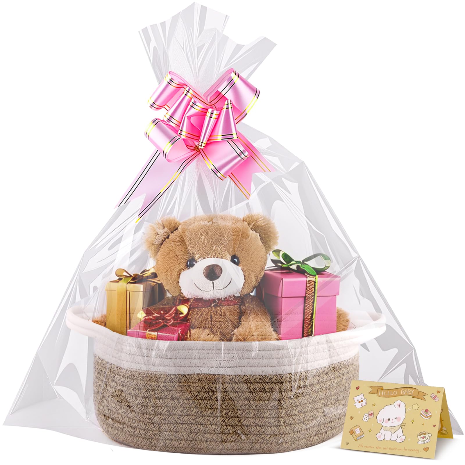 Boensi Small Woven Basket, 12" x 8" x 5" Gift Basket Empty with Ribbon and Gift Bag, Rope Basket for Baby Shower, Holiday Presents,Storage Basket with