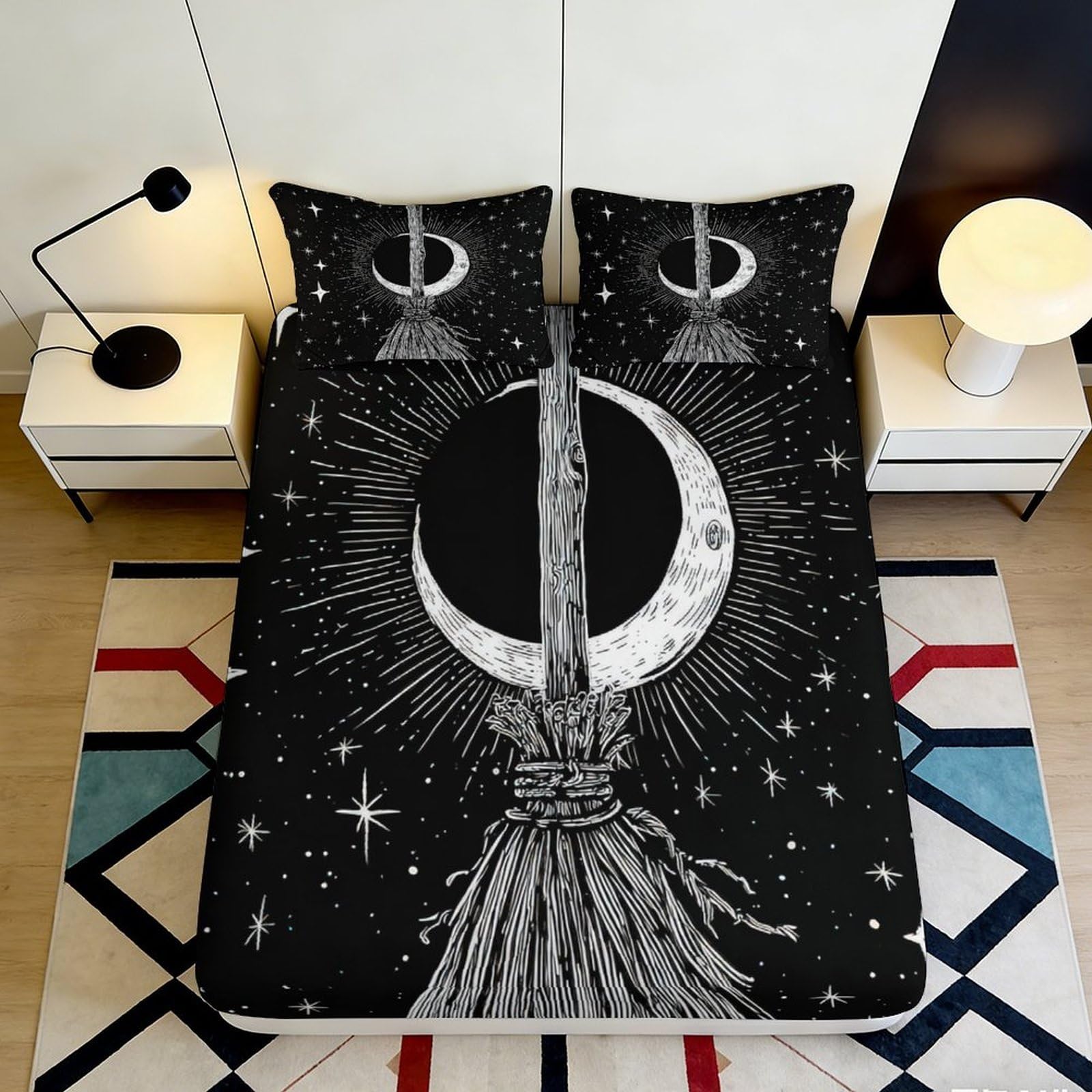 3D Printed Witch Moon Fitted Sheet Microfiber Soft Black Starry Sky Bed Cover for Bedroom Dorm Decor 90x200x25cm