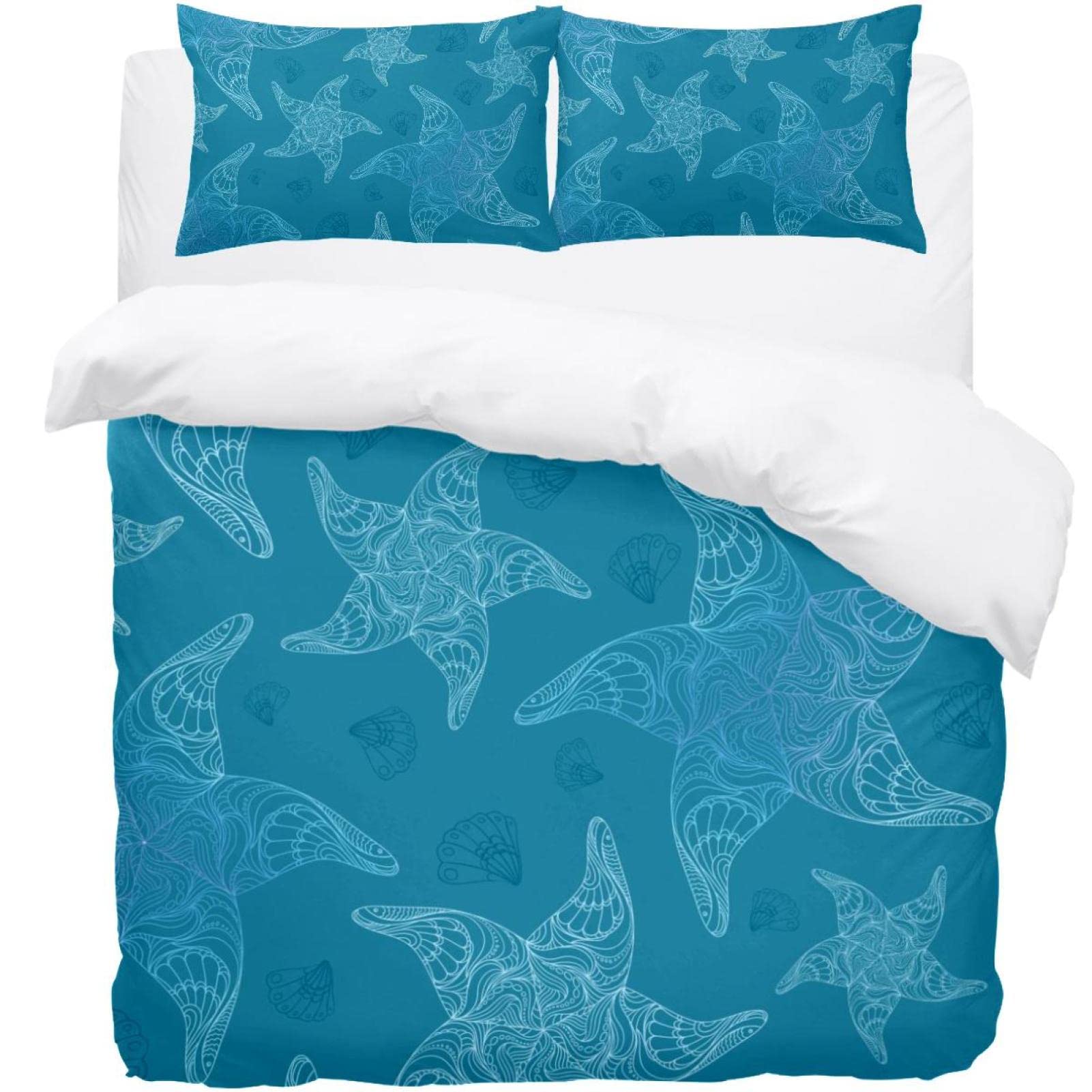 Parure de lit bleu océan motif étoiles de mer pour une chambre style bord de mer