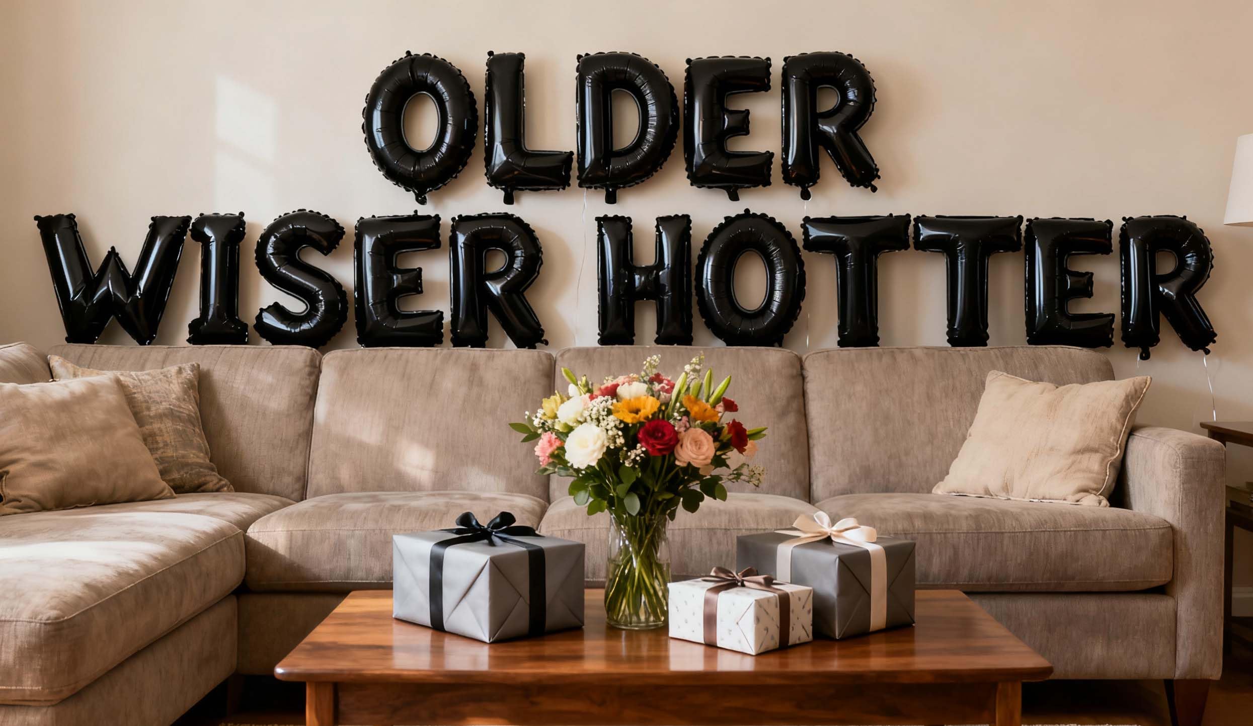 Older Wiser Hotter Foil Balloons Letter Banner Funny Birthday Decorations for Women Men 30th 40th 50th 60th 70th 80th Birthday Party Supplies (Black)