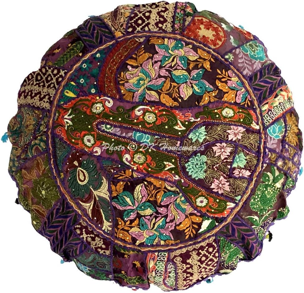Indian Ethnic Bohemian Floor Pillow Cover Purple 32 Inch Patchwork Meditation Ottoman Stool Home Decor Embroidered Vintage Cotton Round Floor Cushions Seating for Adults 32x32