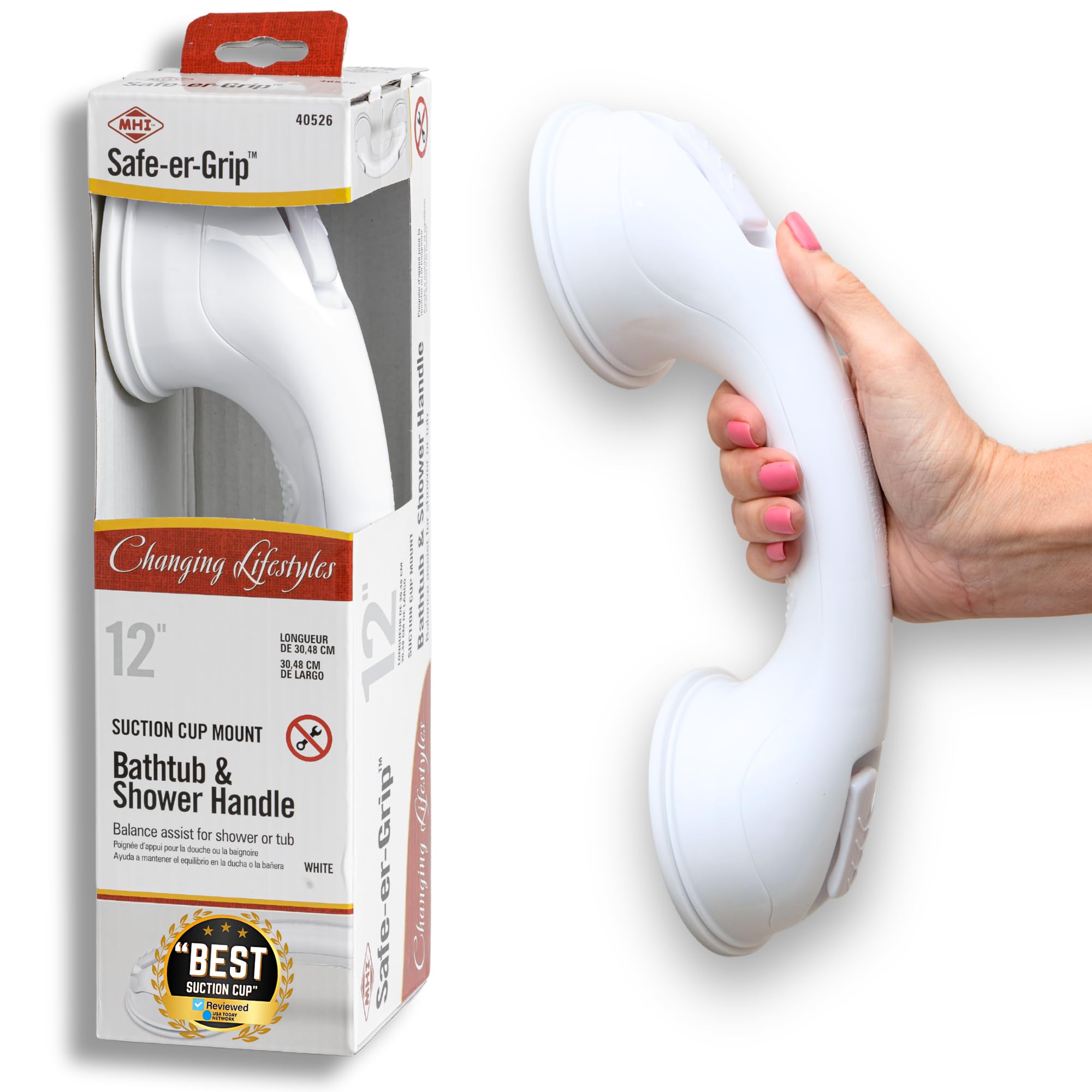 Safe-er-Grip Safe-er-Grip Changing Lifestyles Suction Cup Grab Bars for Bathtubs & Showers; Safety Bathroom Assist Handle, White, 12 inches