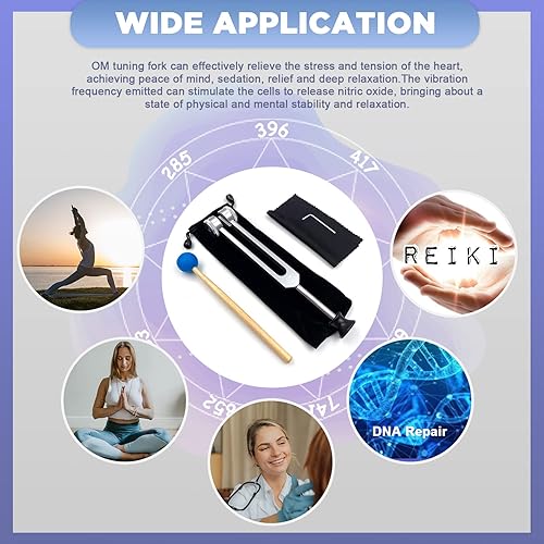 Miniatura 7 de Juego de diapasones de 528 Hz para reparación del ADN, horquillas curativas de sonido curativo con martillo de silicona negro, 5 paquetes dorados