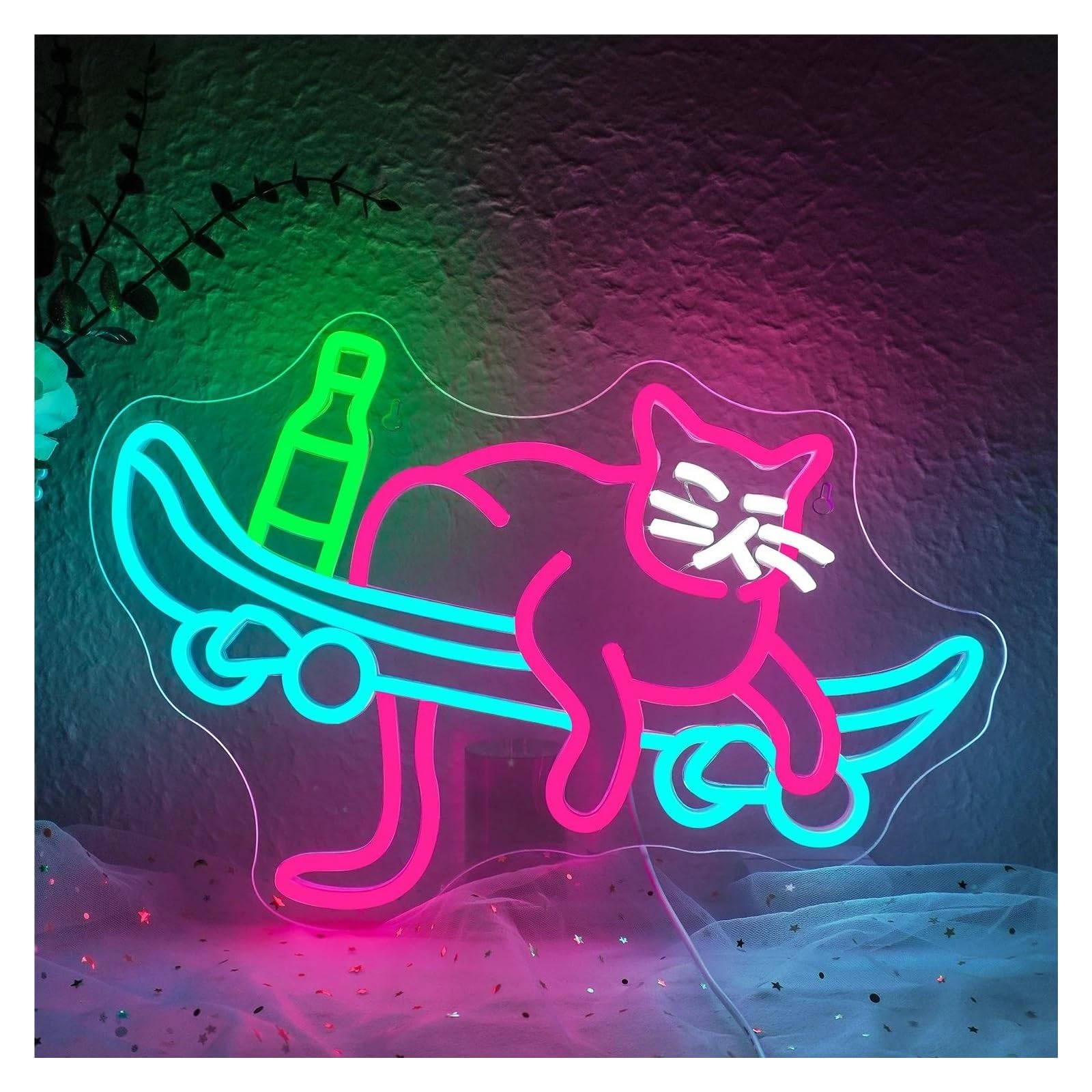 LEMST Signs Lamp Beer Cat Skateboard Neon Sign for Wall Decor Creative Art Signs Room Decoration for Bedroom Party Bar Club 42x28cm