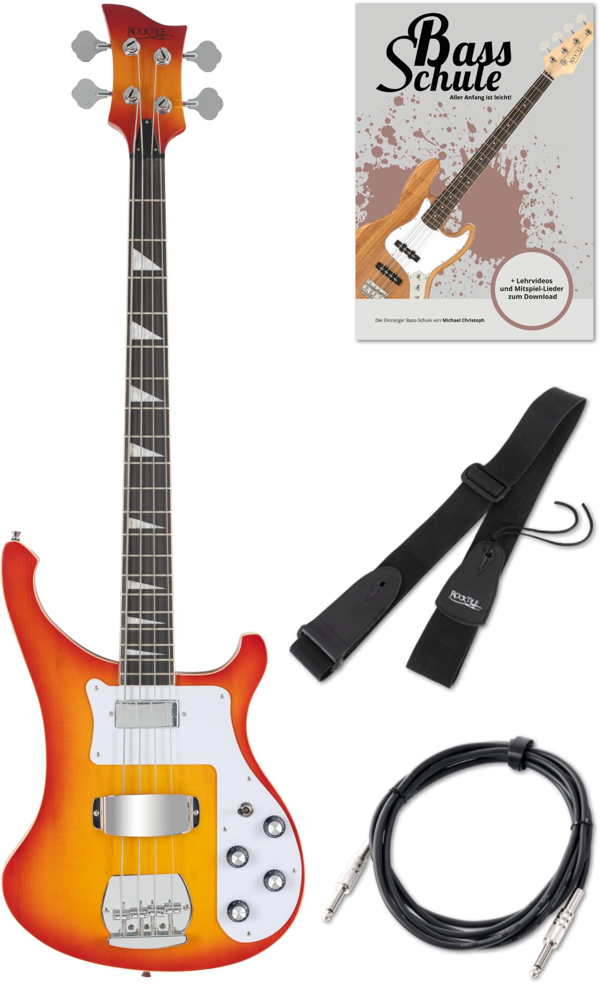 Rocktile Pro RB-400R Redneck E-Bass Set (4-saiter Longscale E-Bass mit 2 Pickups, Single Coil & Griffbrett mit Perloid Inlays, Set inkl. Gitarrengurt, Kabel & E-Bass Schule mit DVD) Red Sunburst