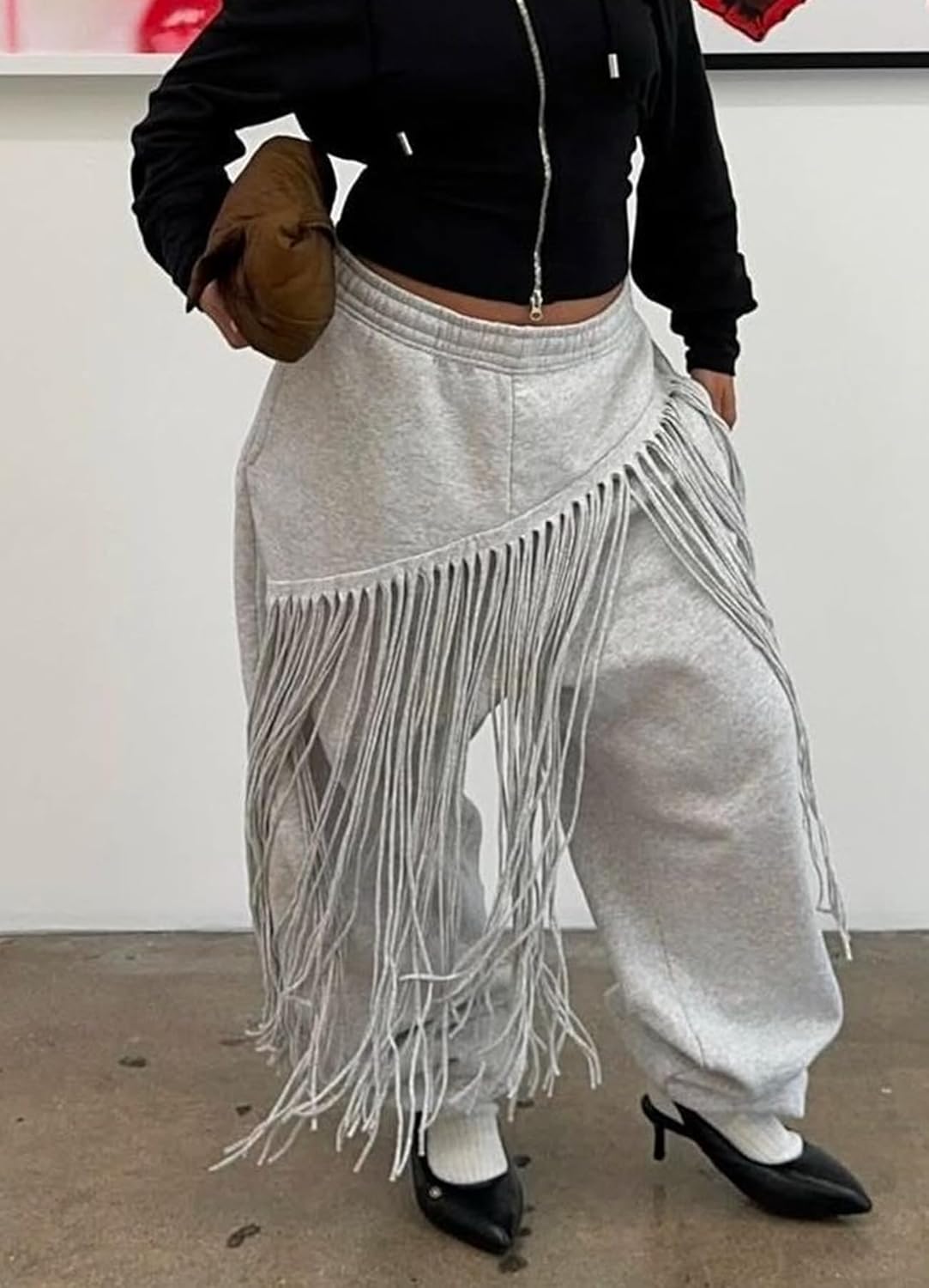 Womens Wide Leg Sweatpants High Waisted Baggy Pants Fashion Teen Girl Fringe Athletic Joggers with Pockets Tassels - Image 3