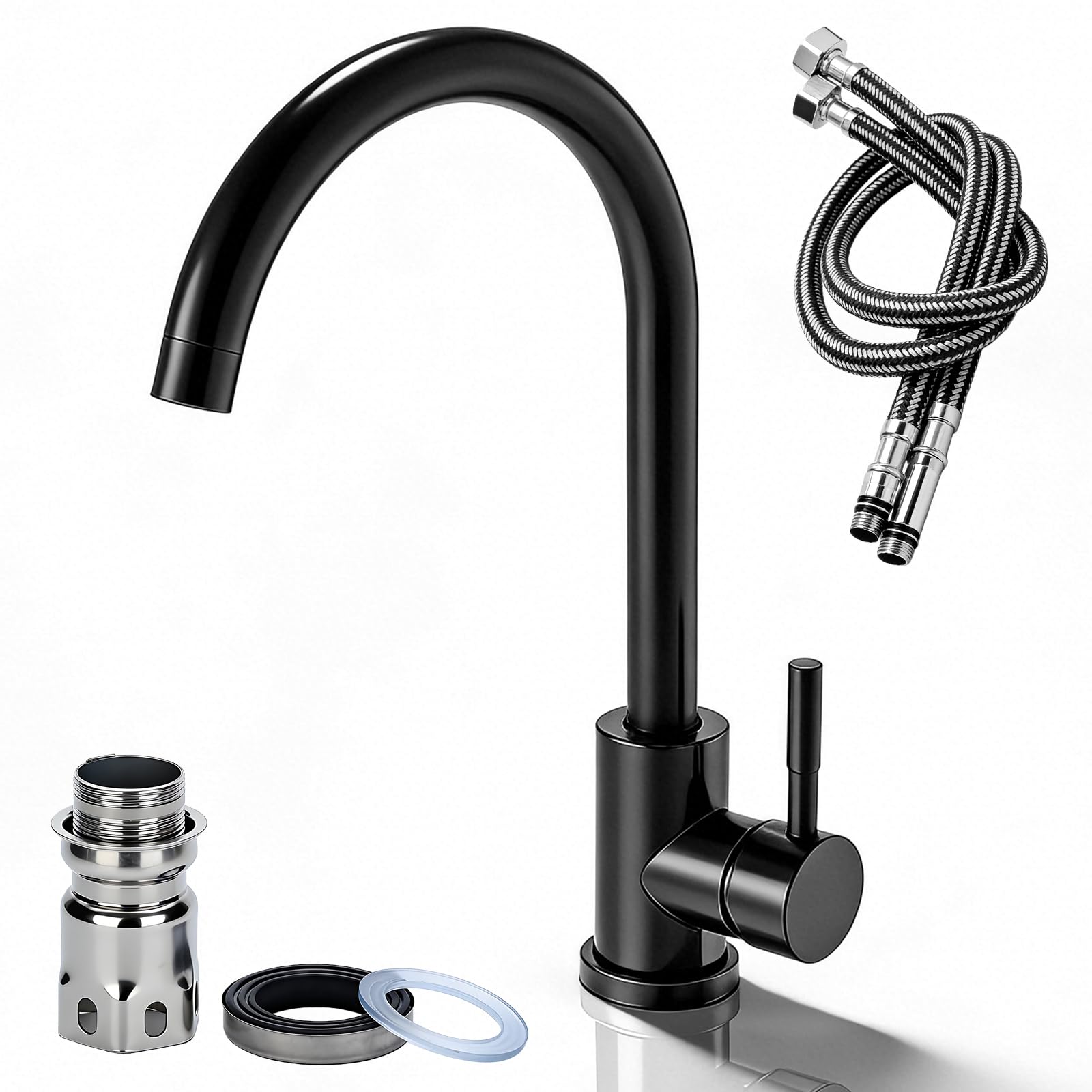Robinet de cuisine pivotant à 360° - En acier inoxydable - Mitigeur monocommande - Robinet d'évier de cuisine avec tuyau de 60 cm - Raccords G3/8 - Noir
