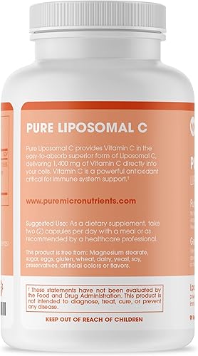 Miniatura 8 de Pure Micronutrients Vitamina C liposomal pura, suplemento de 1400 mg, 90 cápsulas, píldoras de ácido ascórbico VIT C de alta absorción