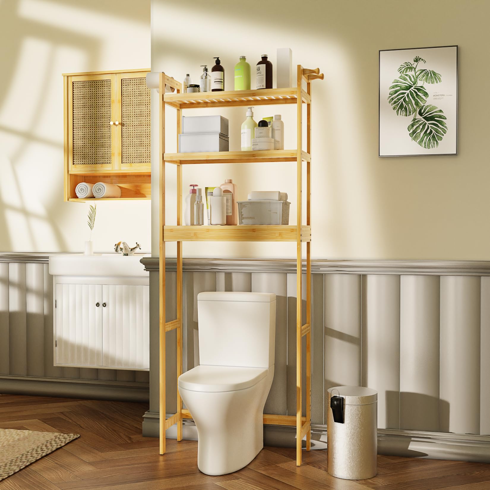 unho Scaffale Mensola per Lavatrice: Bagno Mobile Sopra WC in Bambù Portaoggetti Ripiani Regolabili Salvaspazio Scaffalatura per Lavatrice 63x26x170 cm